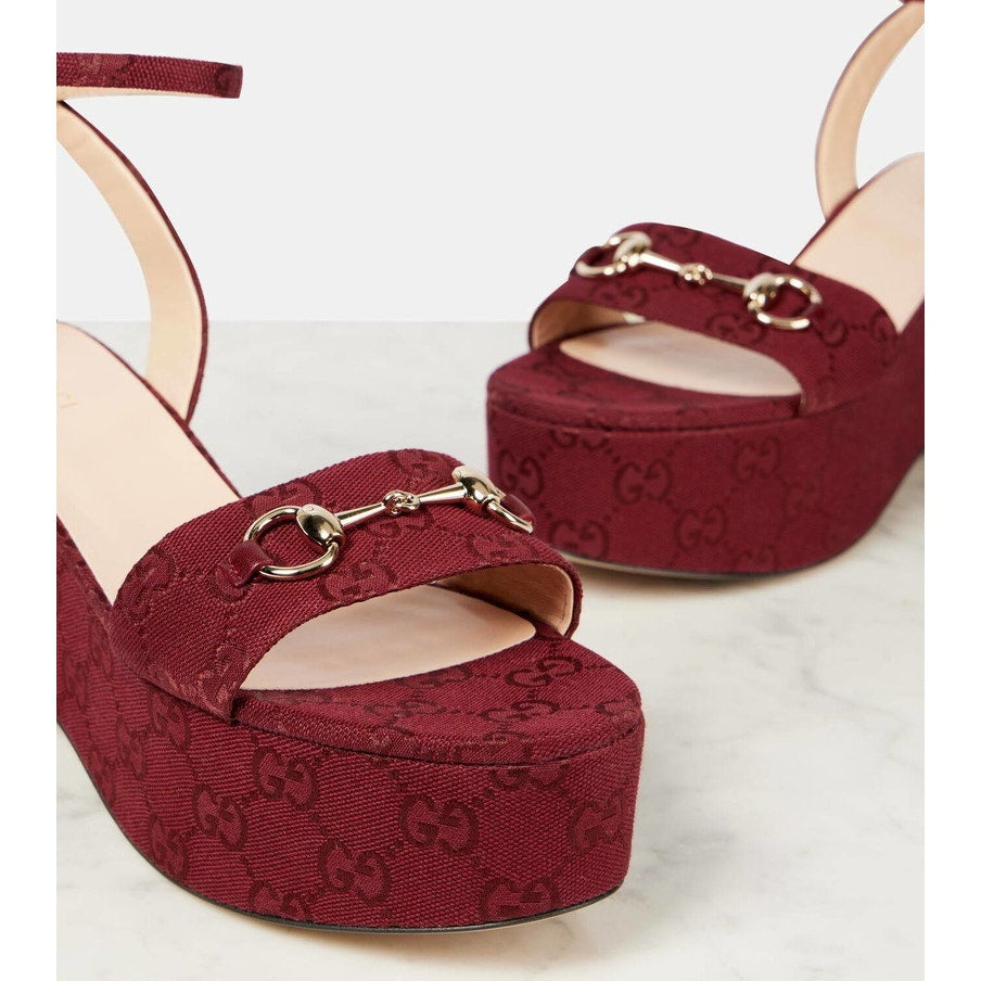Gucci Lady Horsebit Burgundy GG Canvas Platform Wedge Sandals Size 39