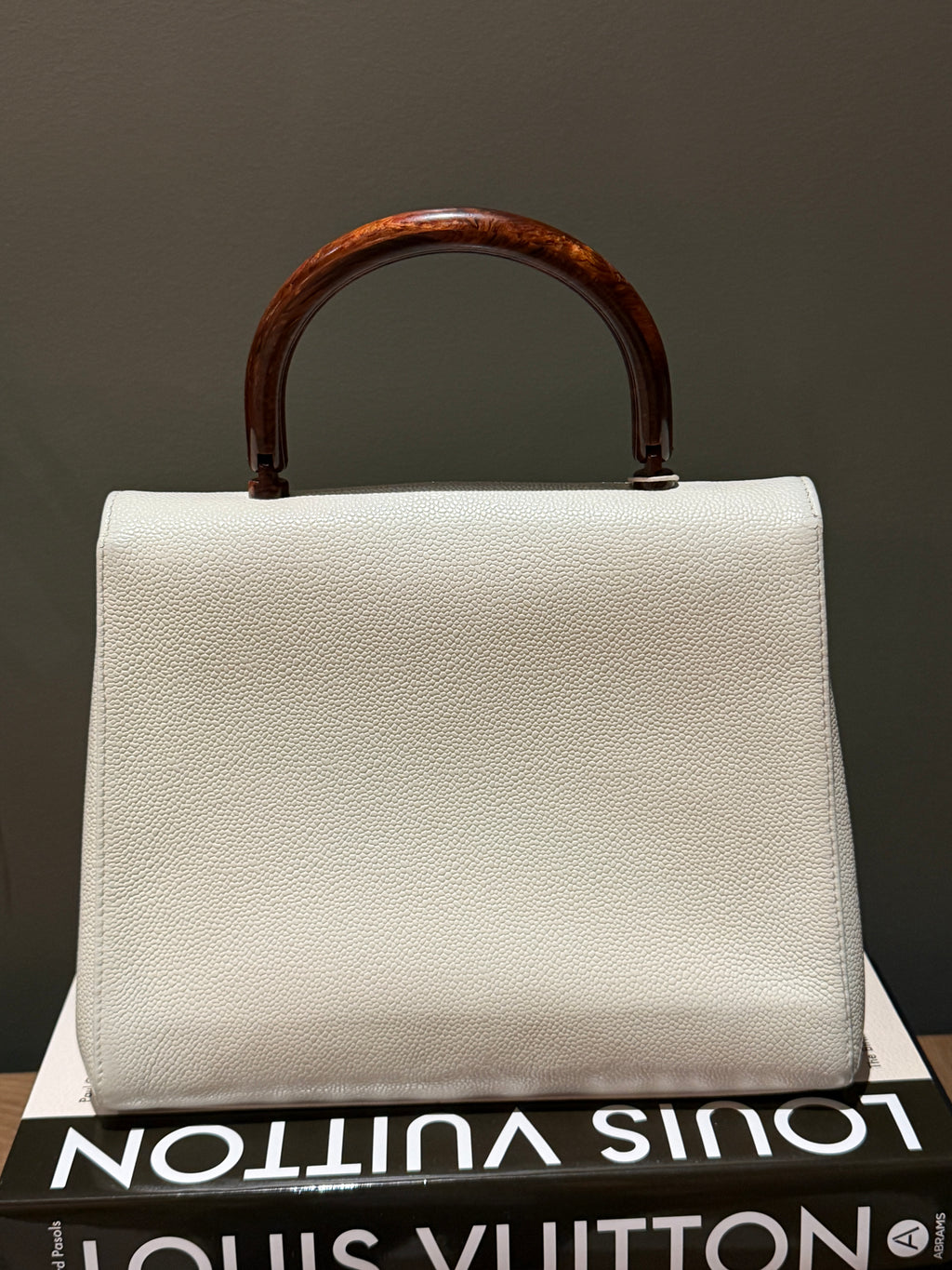 Chanel Kelly Top Handle Bag Off White Caviar Leather Wooden CC Turn Lock & Wood Handle 2000 2002 Vintage