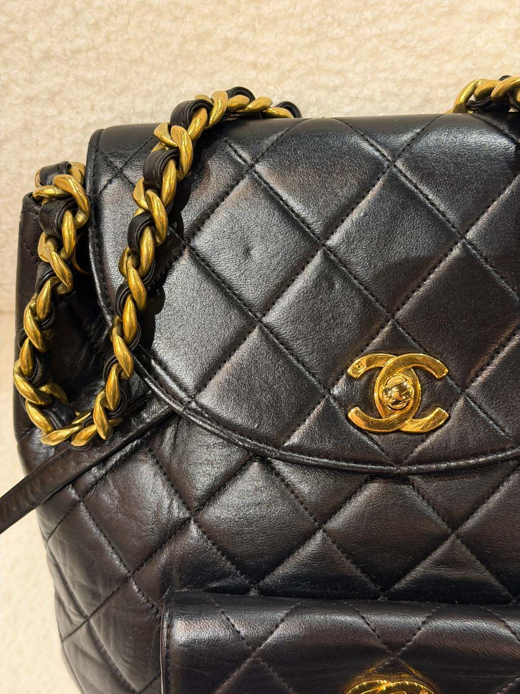 CHANEL Vintage Black Lambskin Quilted Drawstring Backpack 24K Gold Plated Hardware