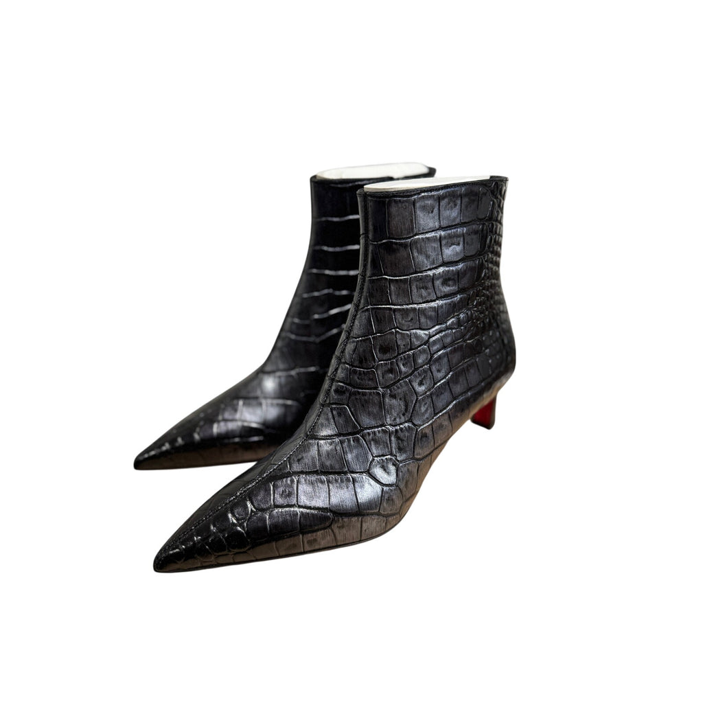Christian Louboutin Condora Gunmetal Croc-Embossed Booties 55mm | New in Box 37