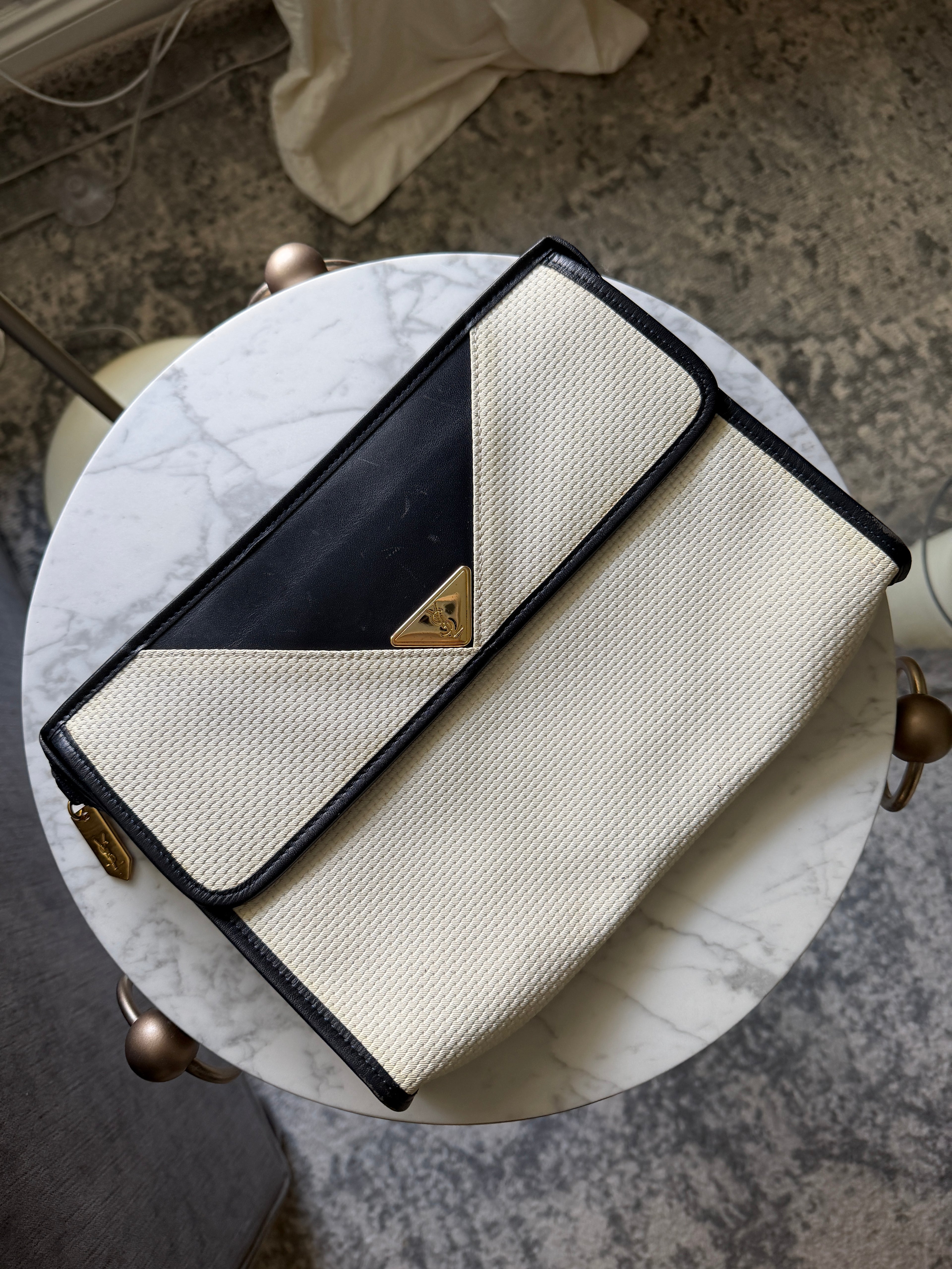 Yves Saint Laurent White & Navy YSL Logo PVC Clutch Bag