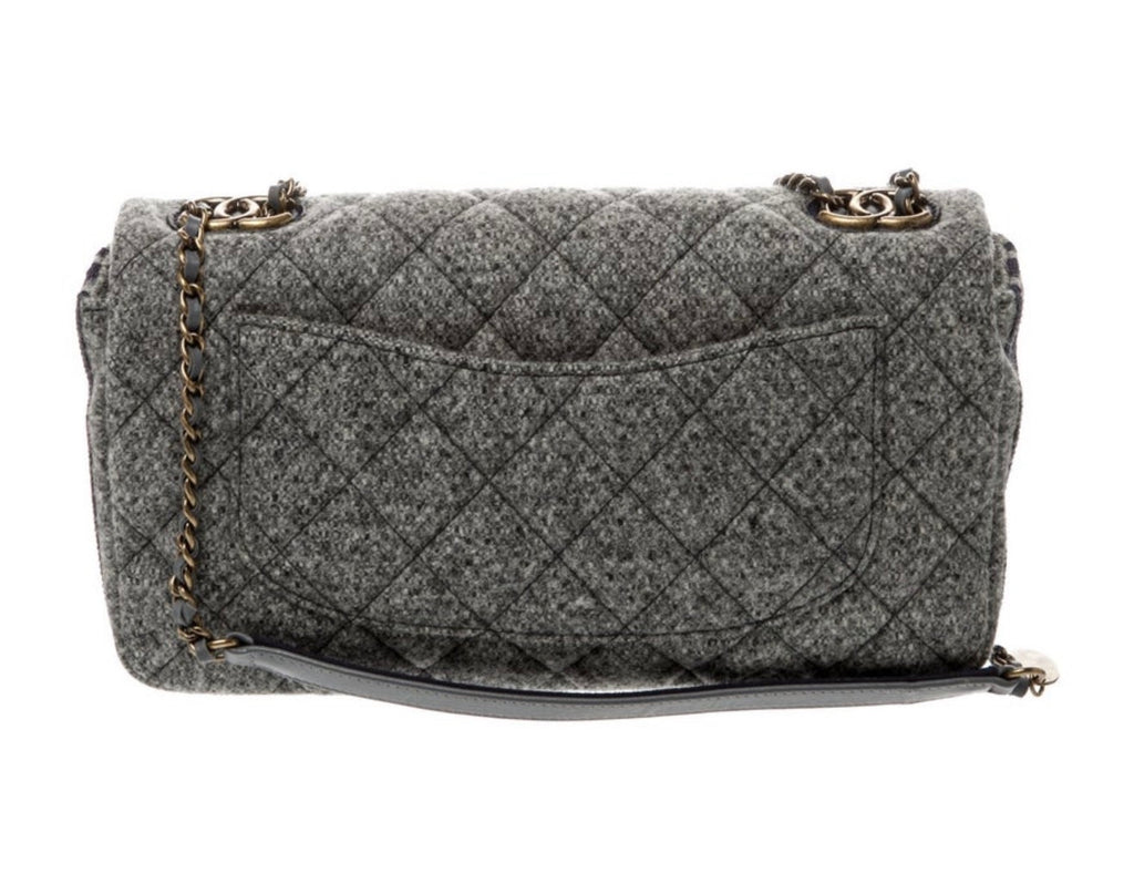 Chanel 2015–2016 Salzburg Collection Grey Quilted Wool Flap Bag with CC Chain Detail