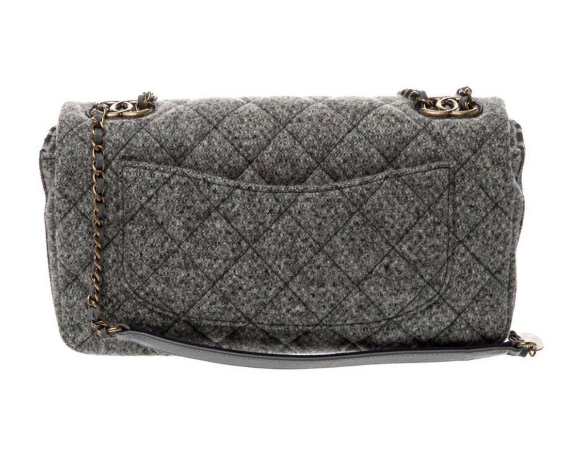 Chanel 2015–2016 Salzburg Collection Grey Quilted Wool Flap Bag with CC Chain Detail