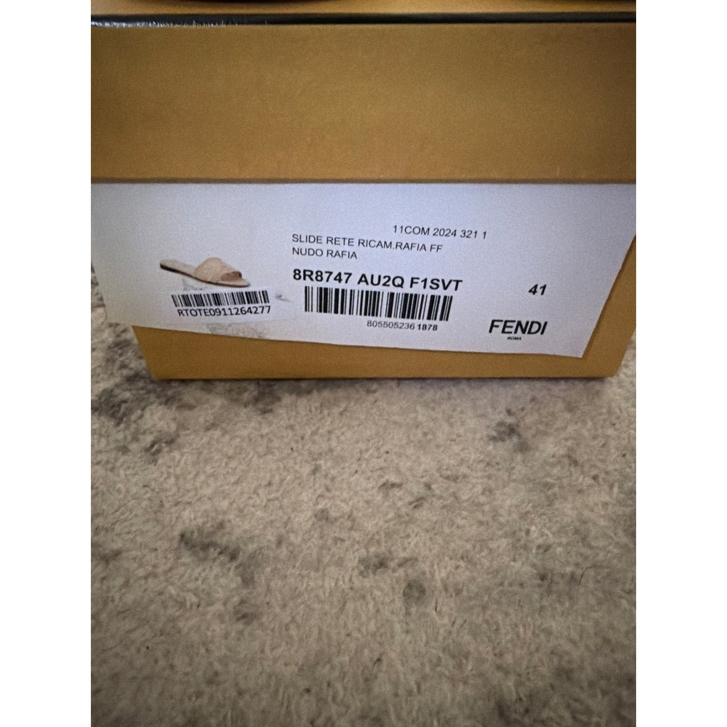 Fendi Sunshine FF Raffia Leather Slide Sandals BNIB Size 41