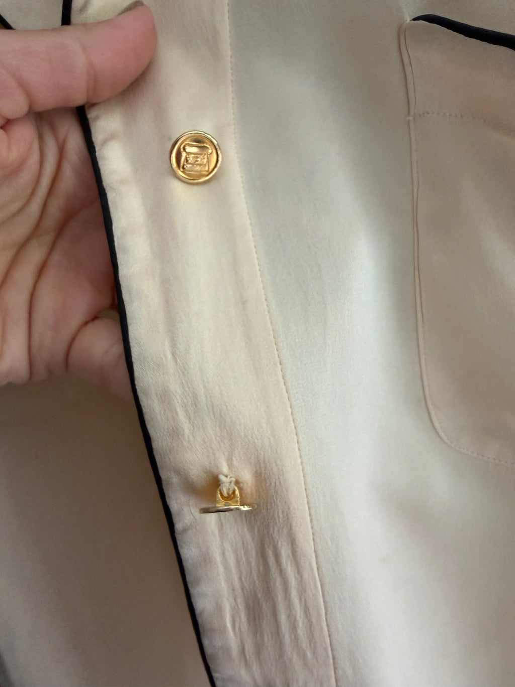 Chanel Silk Blouse Gold Logo Button Top