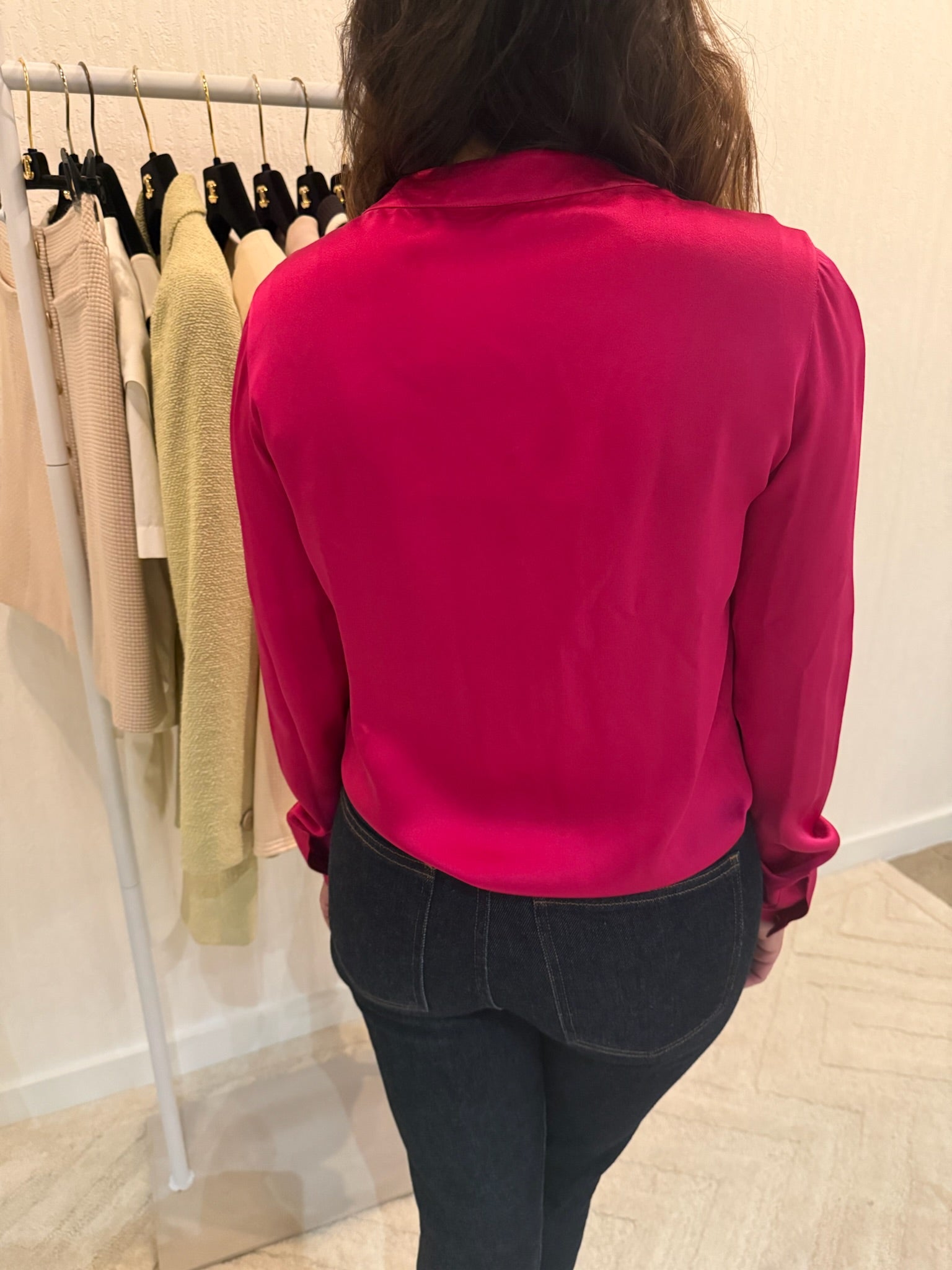 Chanel 1991 Pink Silk Button-Up Blouse Gold CC Logo Buttons FR36