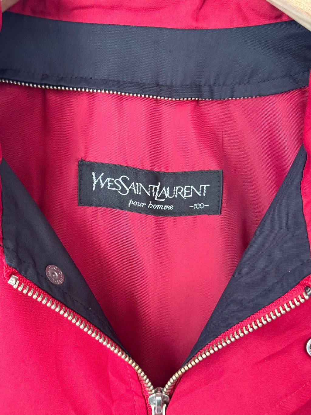 Yves Saint Laurent Vintage 90s Red YSL Logo Windbreaker Jacket Navy Logo Hidden Hood Size 100 Oversized