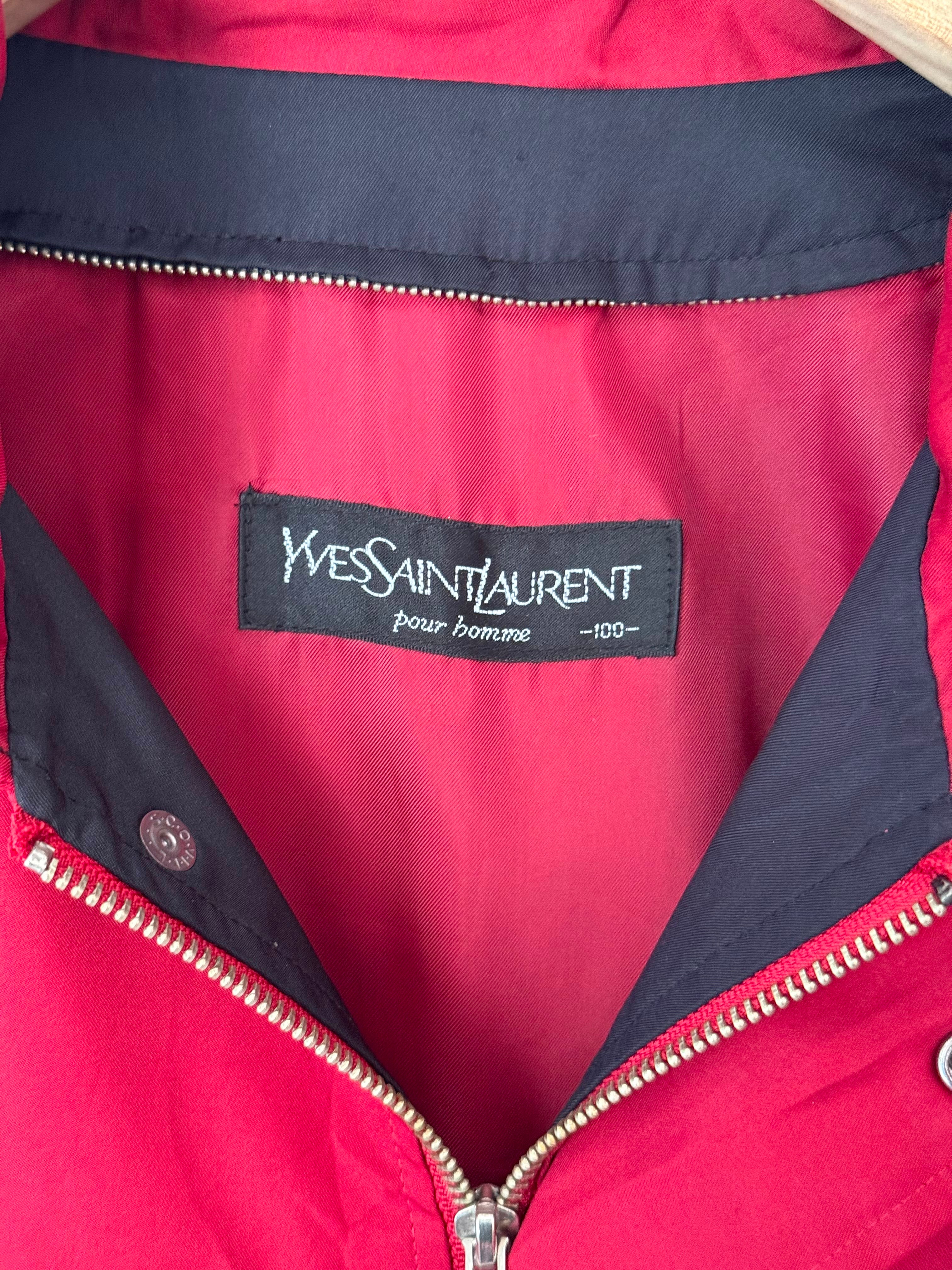 Yves Saint Laurent Vintage 90s Red YSL Logo Windbreaker Jacket Navy Logo Hidden Hood Size 100 Oversized