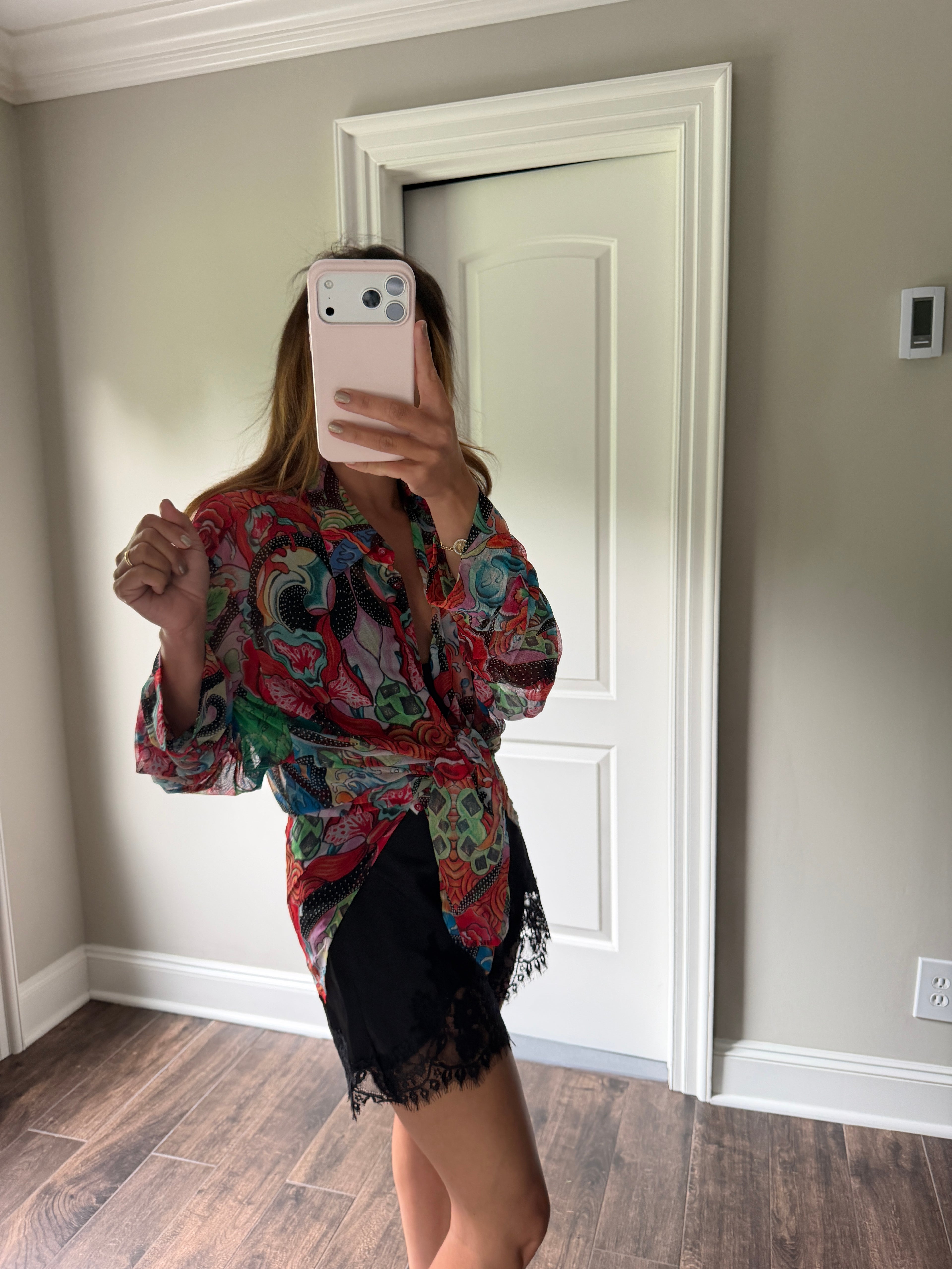 Escada Red Floral Print Button Up Blouse DE40 Long Sleeve Designer Top
