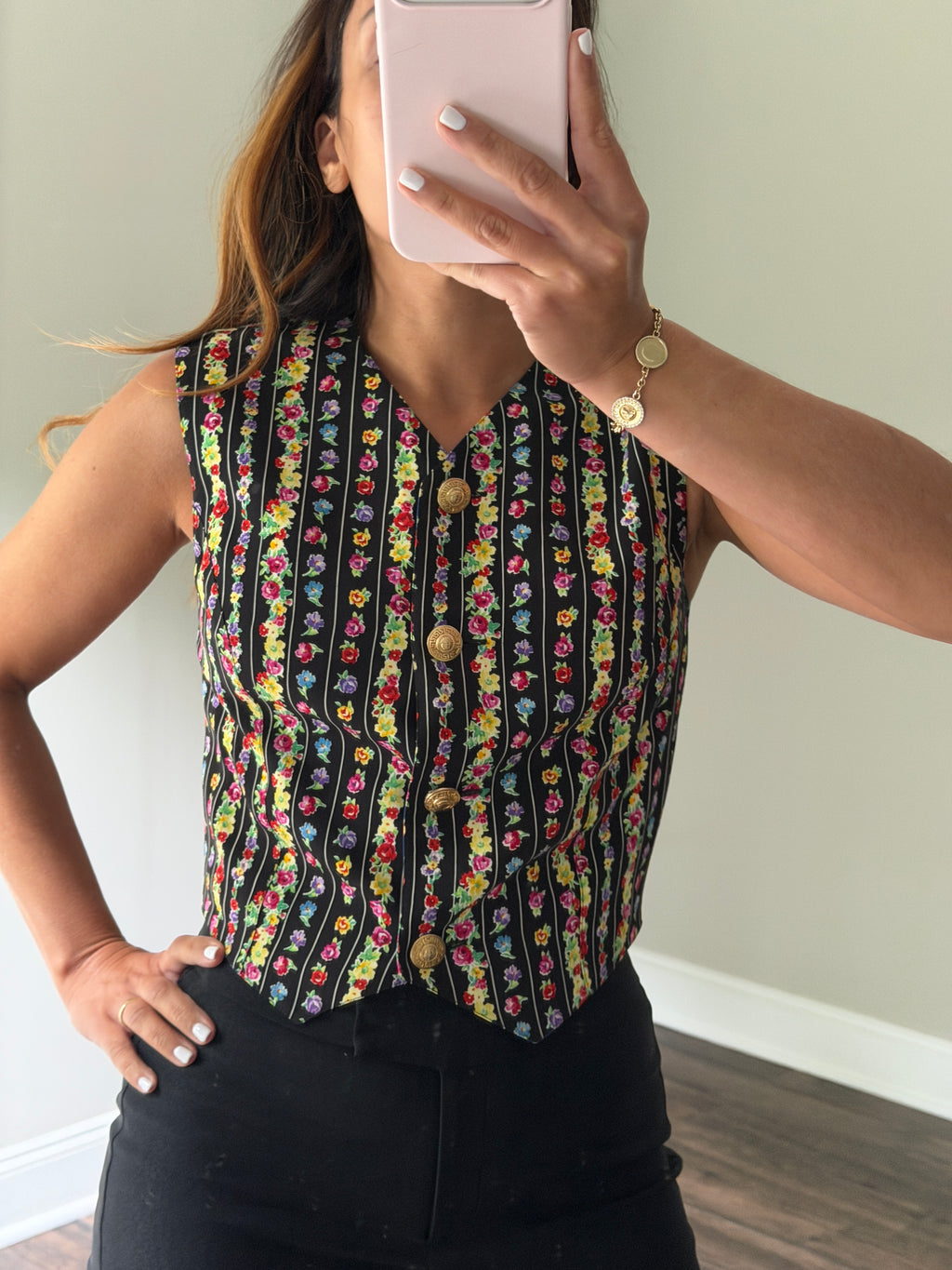 Gianni Versace Vintage 1994 Floral Pinstripe Silk Crop Vest Top | Size S