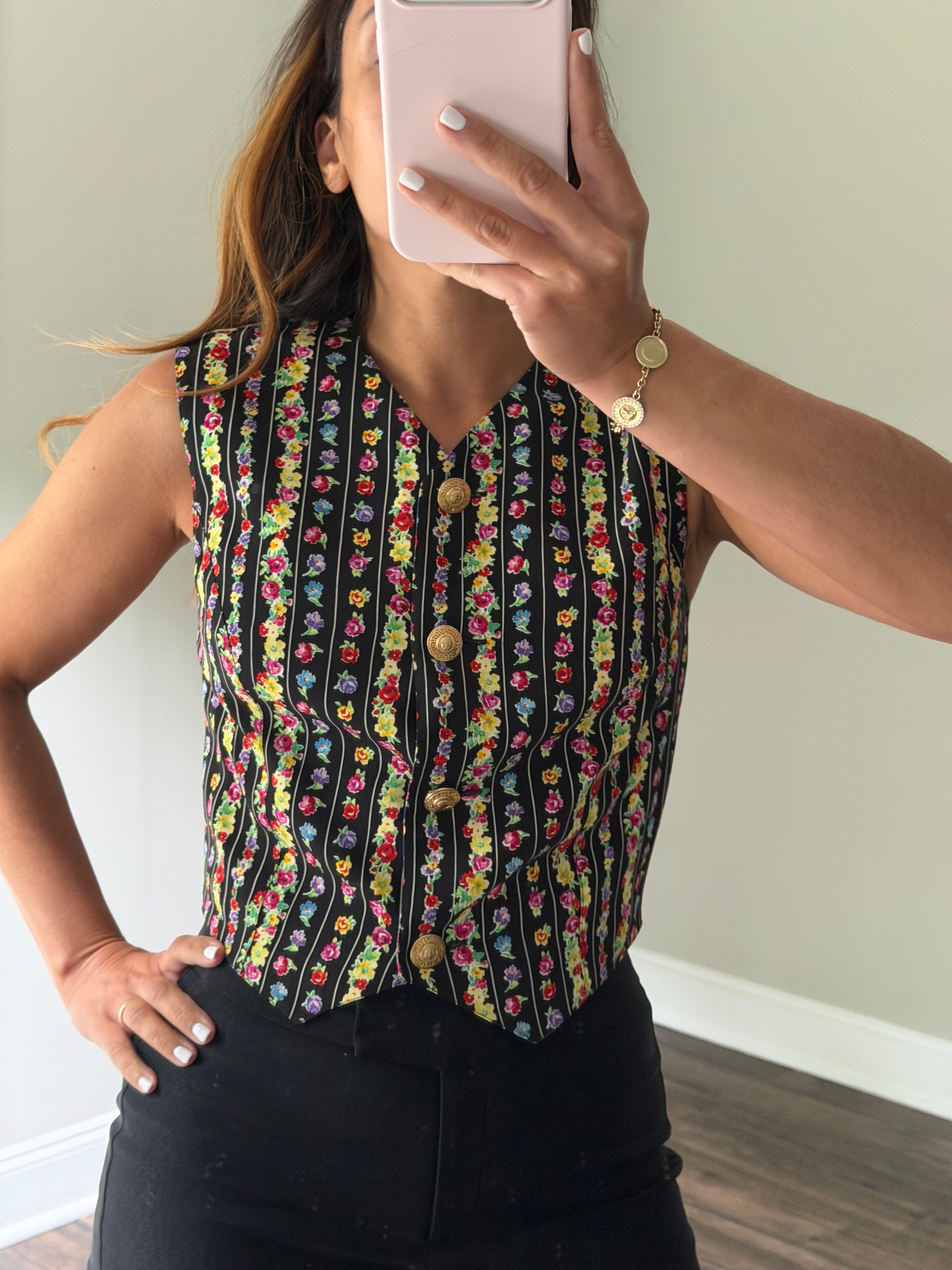 Gianni Versace Vintage 1994 Floral Pinstripe Silk Crop Vest Top | Size S