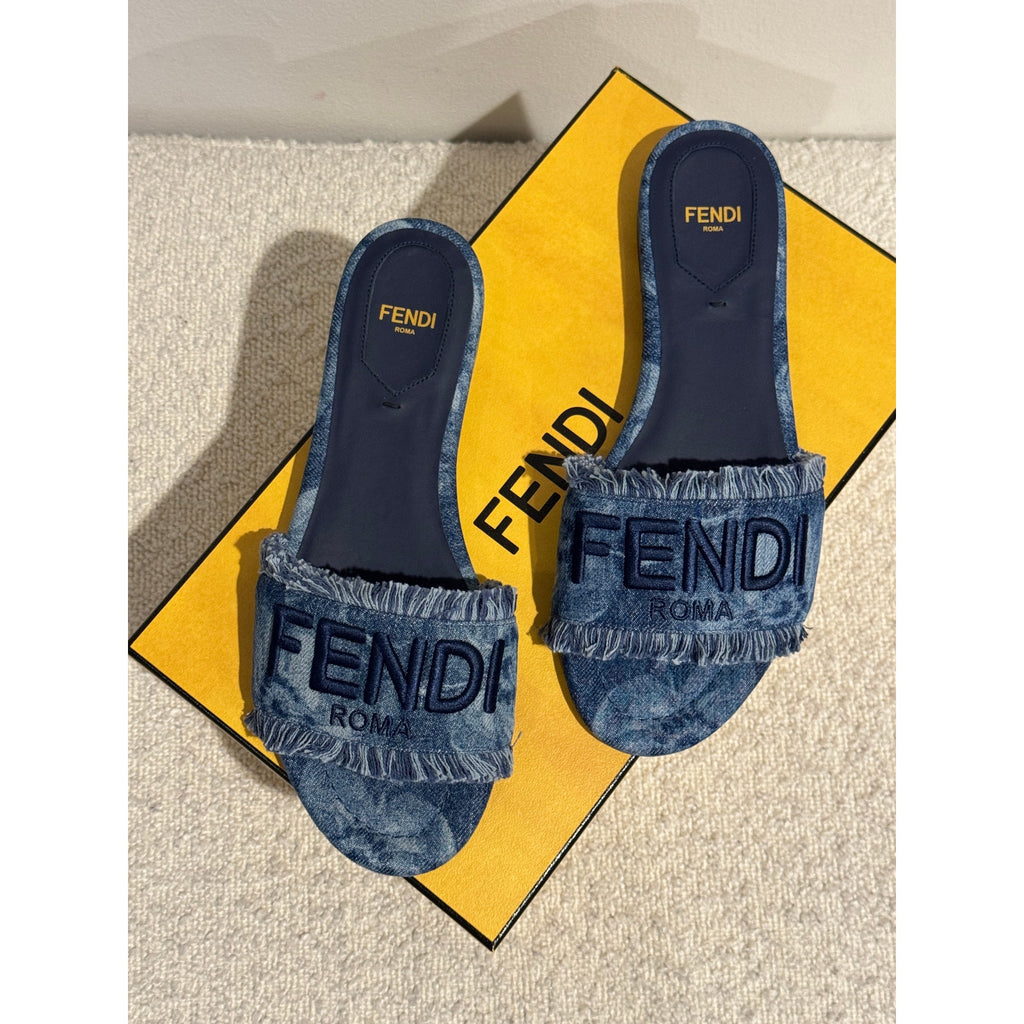 FENDI Sunshine Floral Denim Frayed Slide Sandals BNIB Size 37
