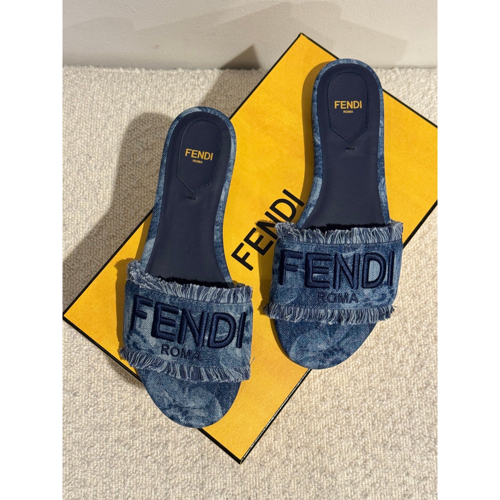 FENDI Sunshine Floral Denim Frayed Slide Sandals BNIB Size 37