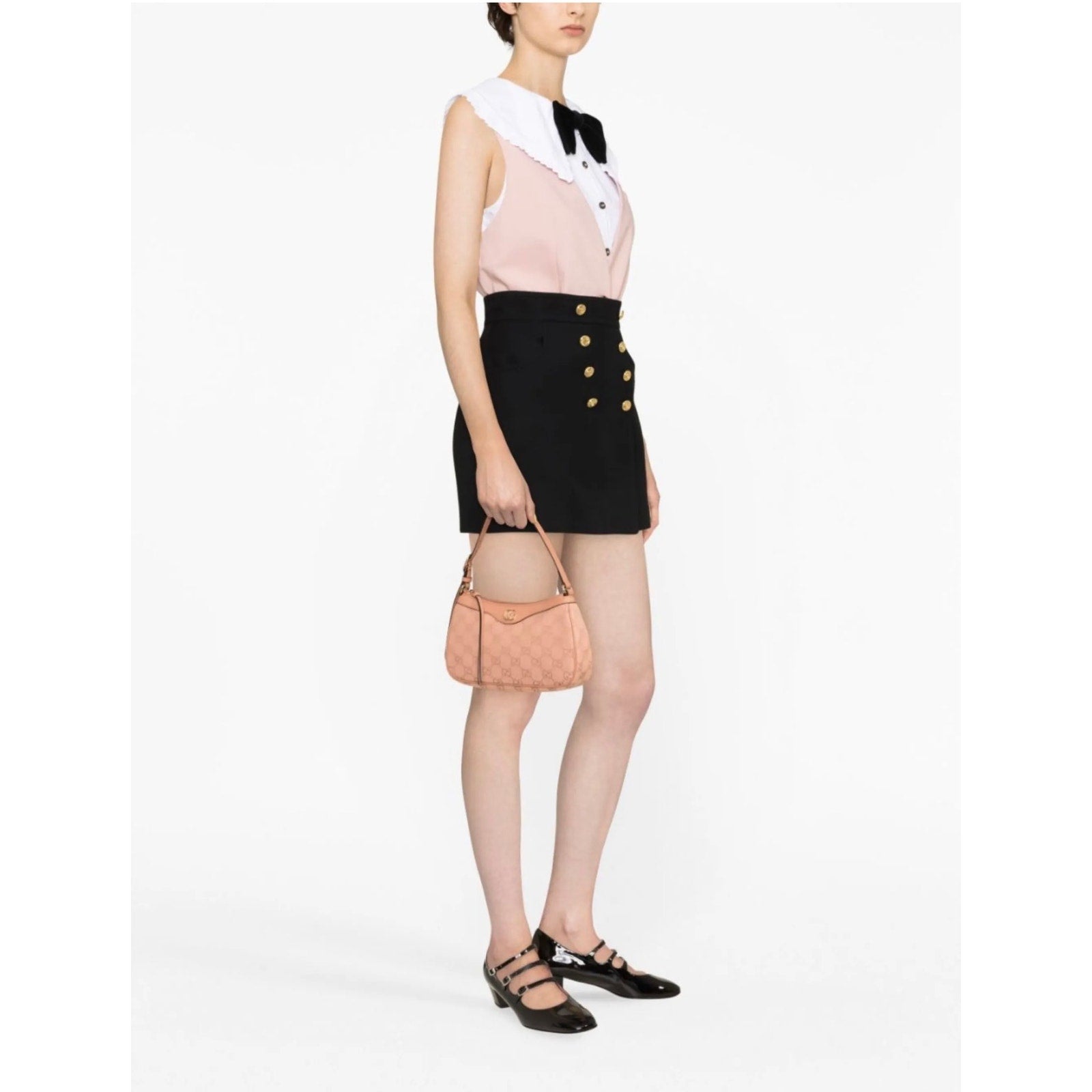 Gucci Black Crepe Button Skirt IT 36 NWT Gold Button Wool Silk Mini