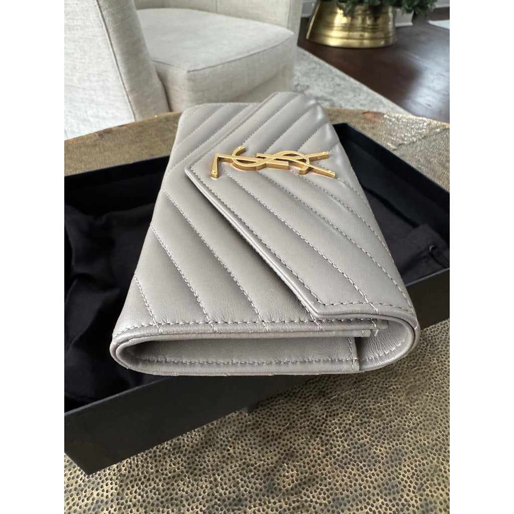 Saint Laurent Cassandra Large Flap Wallet Greyish Brown – Quilted Leather BNIB