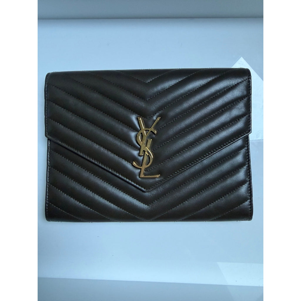 Saint Laurent Cassandre Chevron Flap Pouch Clutch Dark Musk NWT