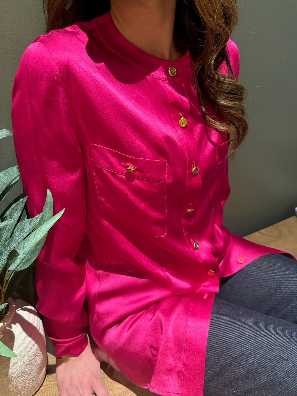 Chanel 1991 Pink Silk Button-Up Blouse Gold CC Logo Buttons FR36