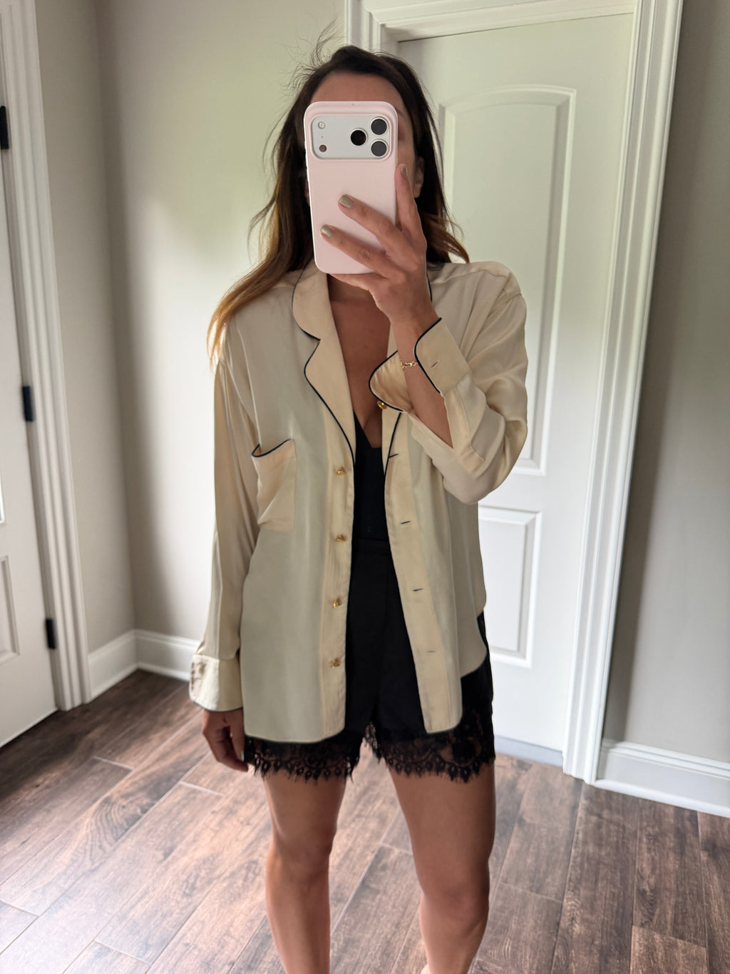 Chanel Silk Blouse Gold Logo Button Top