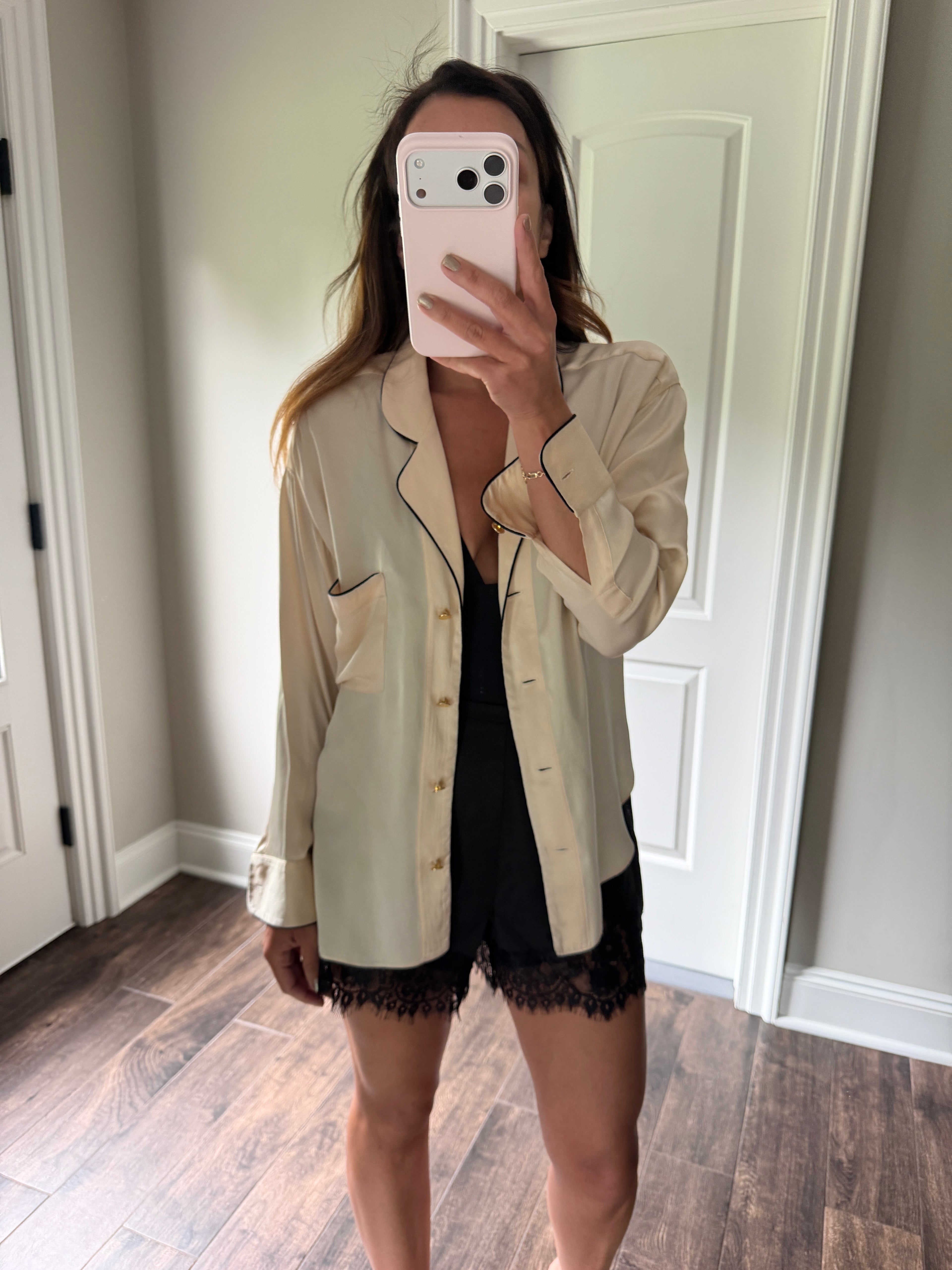 Chanel Silk Blouse Gold Logo Button Top