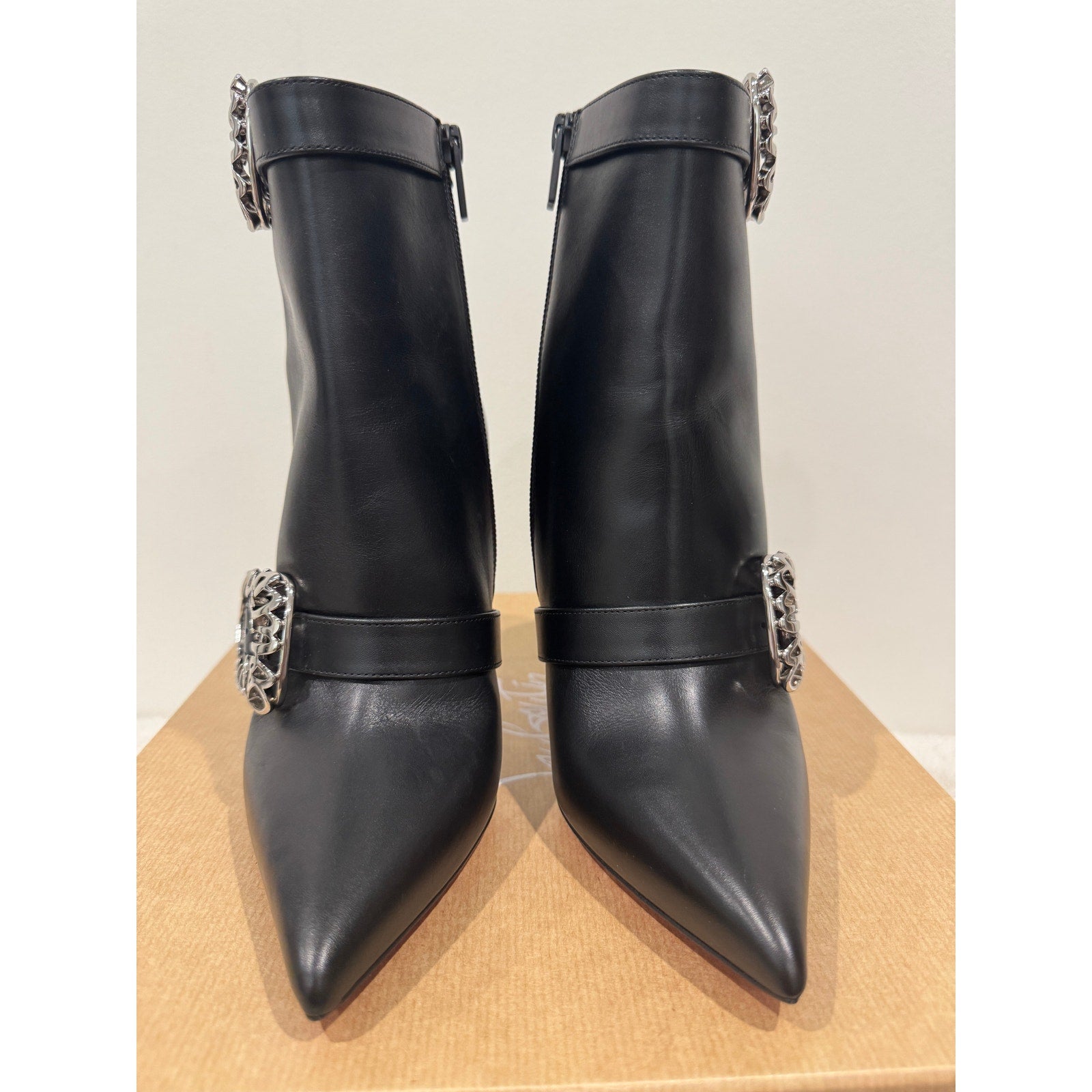 Christian Louboutin Giddylina 100mm Black Leather Buckle Ankle Boots Size 37.5 New in Box