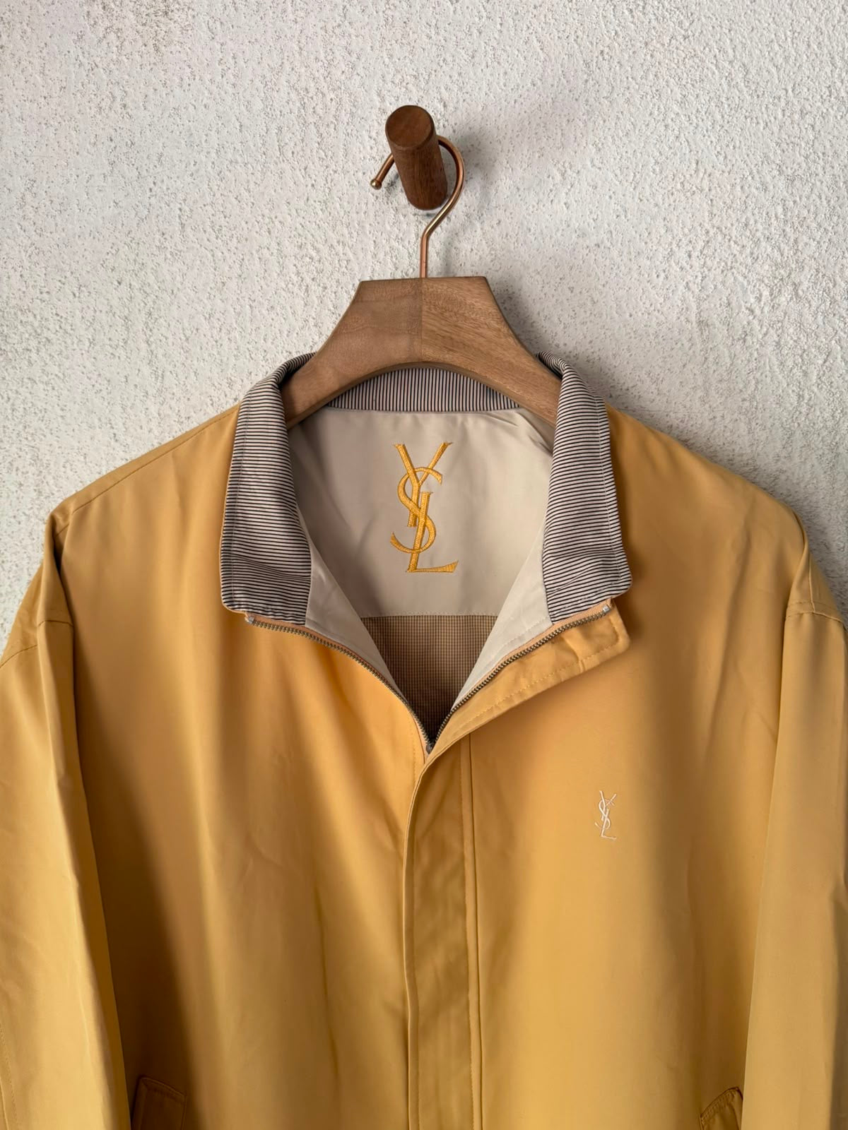 Yves Saint Laurent Vintage 90s Yellow YSL Logo Windbreaker Jacket White Logo Size 110 Oversized