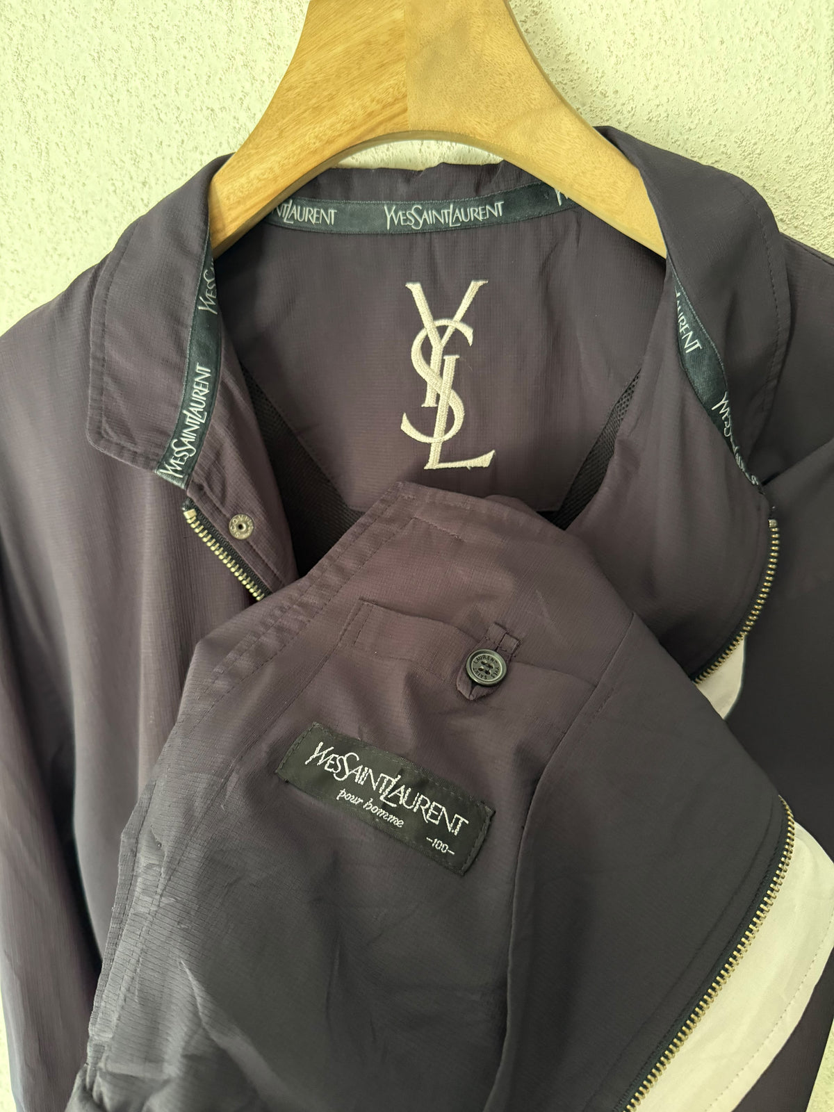 Yves Saint Laurent YSL Navy Black Windbreaker Bomber Jacket with Logo Embroidery