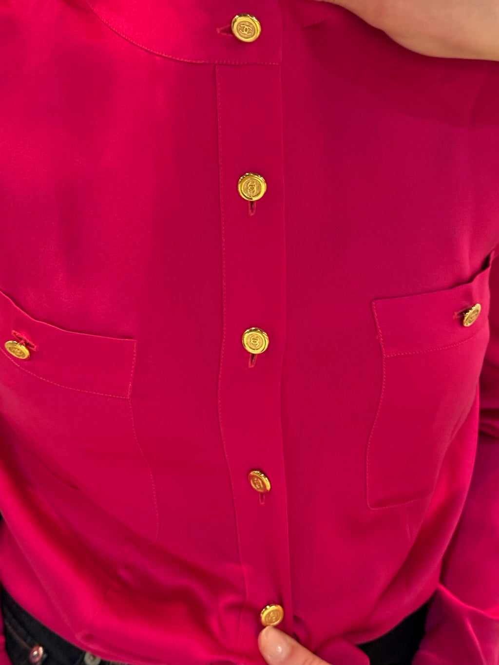 Chanel 1991 Pink Silk Button-Up Blouse Gold CC Logo Buttons FR36