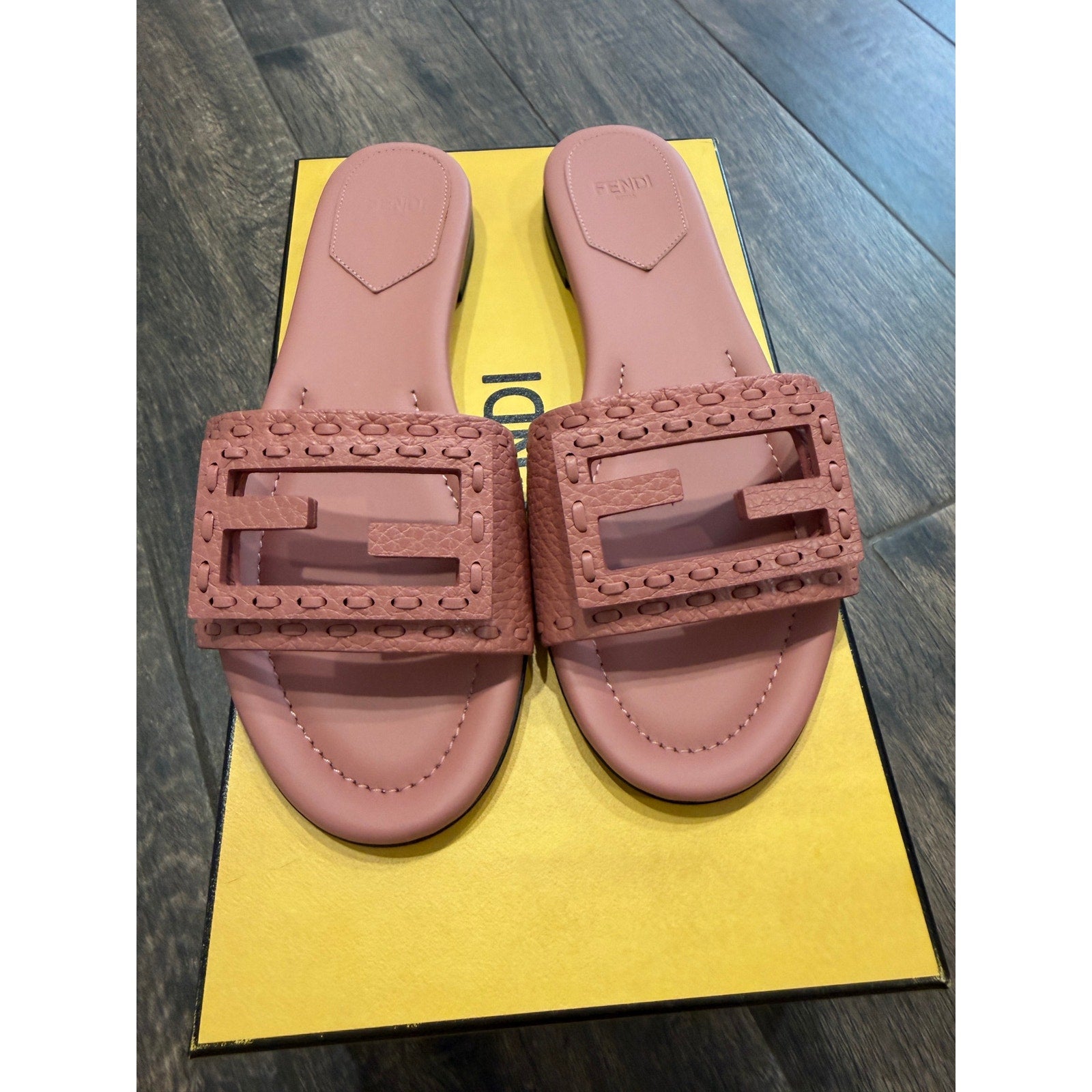 Fendi Women's FF Baguette Leather Selleria Slides BNIB Color is Makeup Size 37