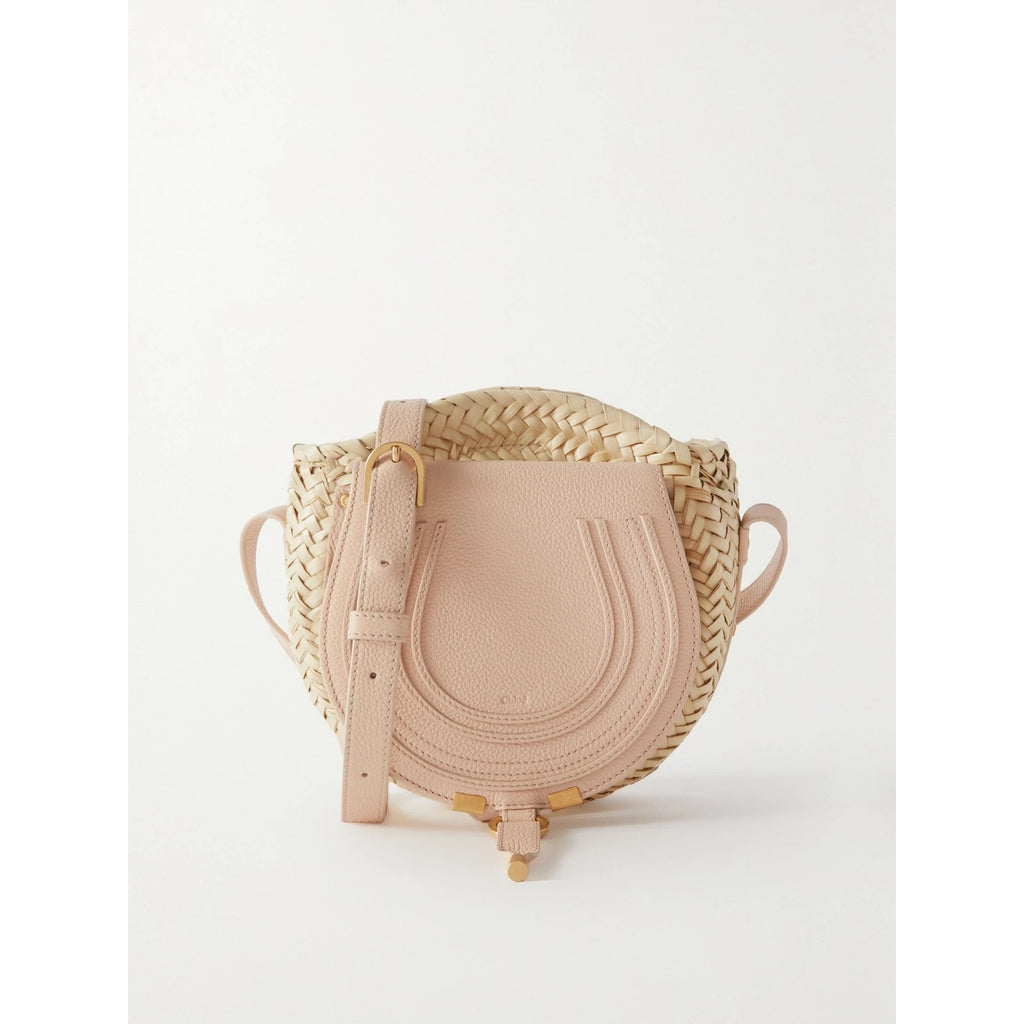 Chloé Marcie Pebbled Leather & Straw Crossbody Bag Natural Gold Hardware NWT