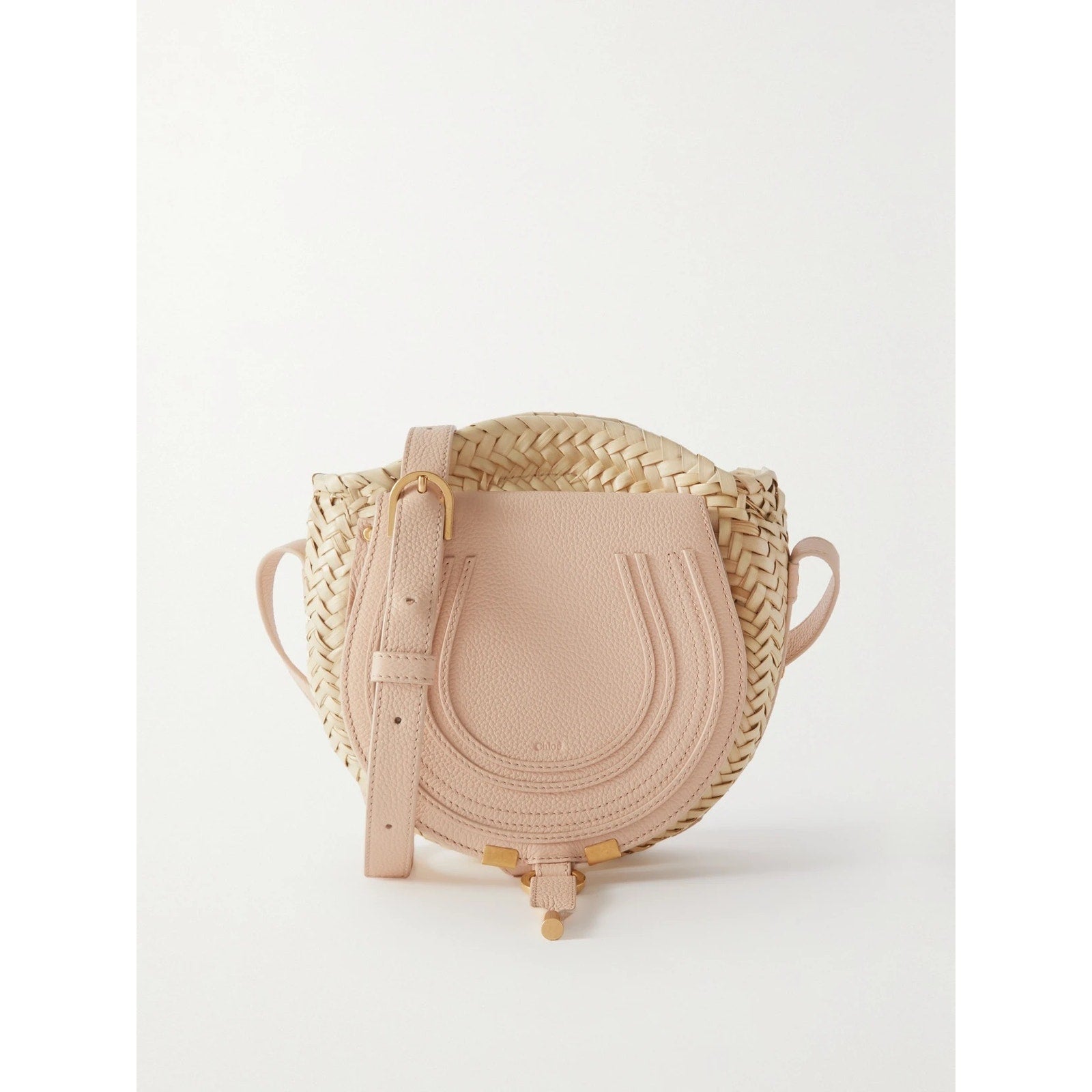 Chloé Marcie Pebbled Leather & Straw Crossbody Bag Natural Gold Hardware NWT
