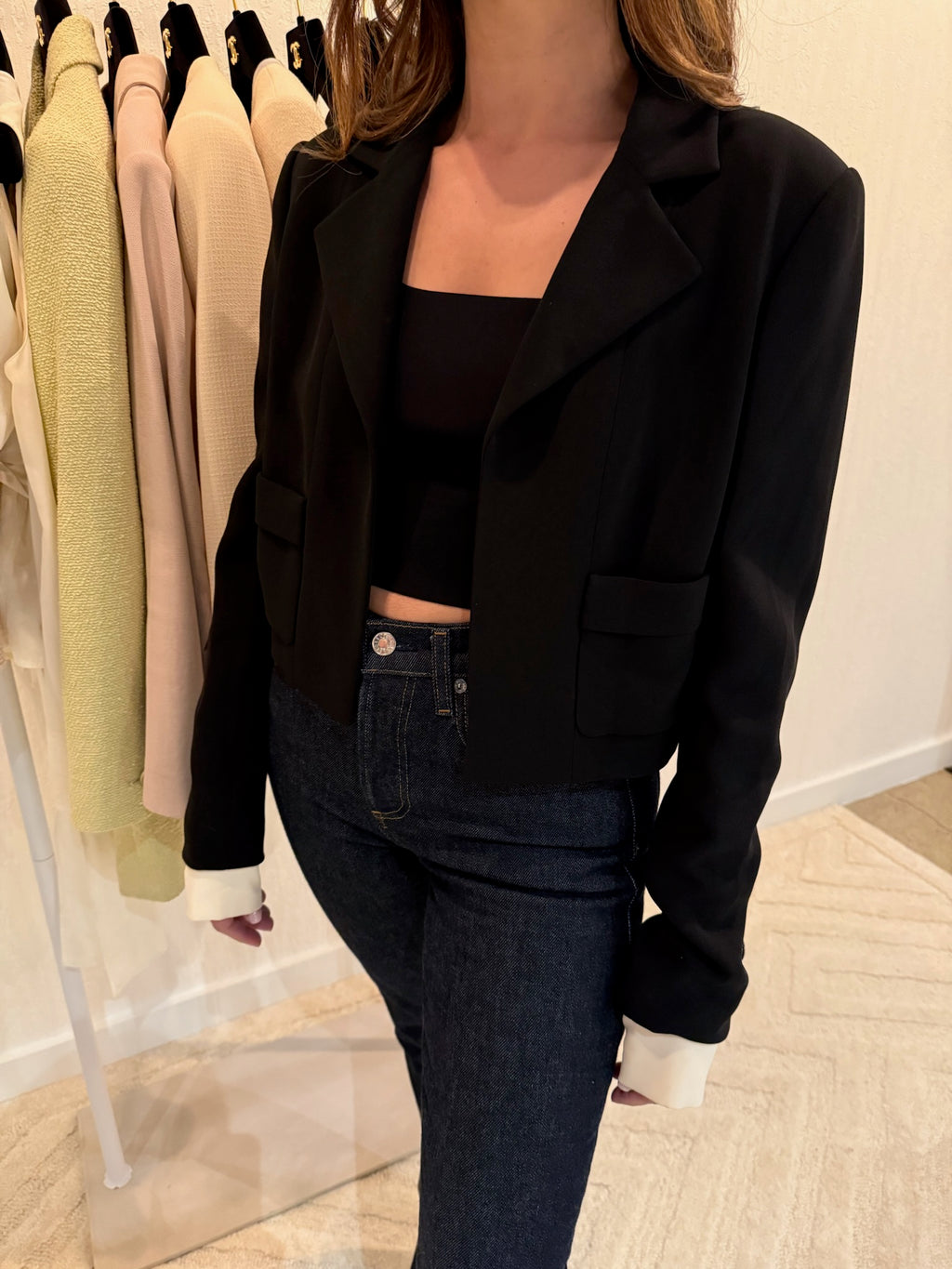 Chanel 2015 Silk Black Runway Blazer with Removable White Sleeves | FR40