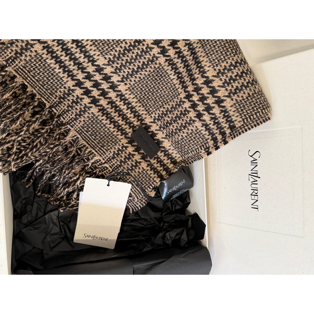 Saint Laurent Prince of Wales Check Silk Cashmere Scarf Unisex NWT