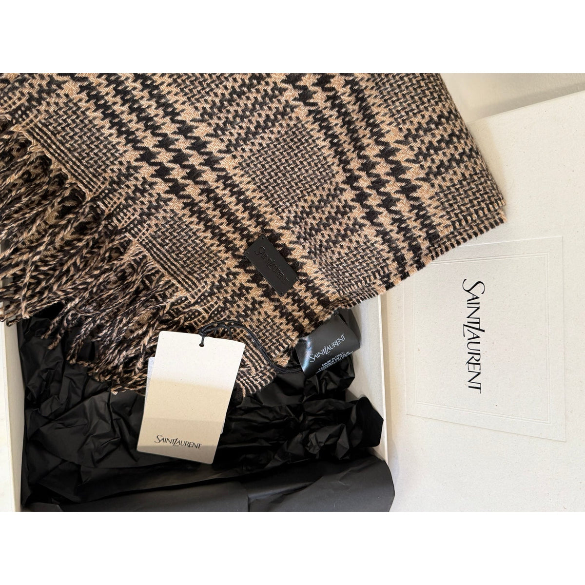 Saint Laurent Prince of Wales Check Silk Cashmere Scarf Unisex NWT
