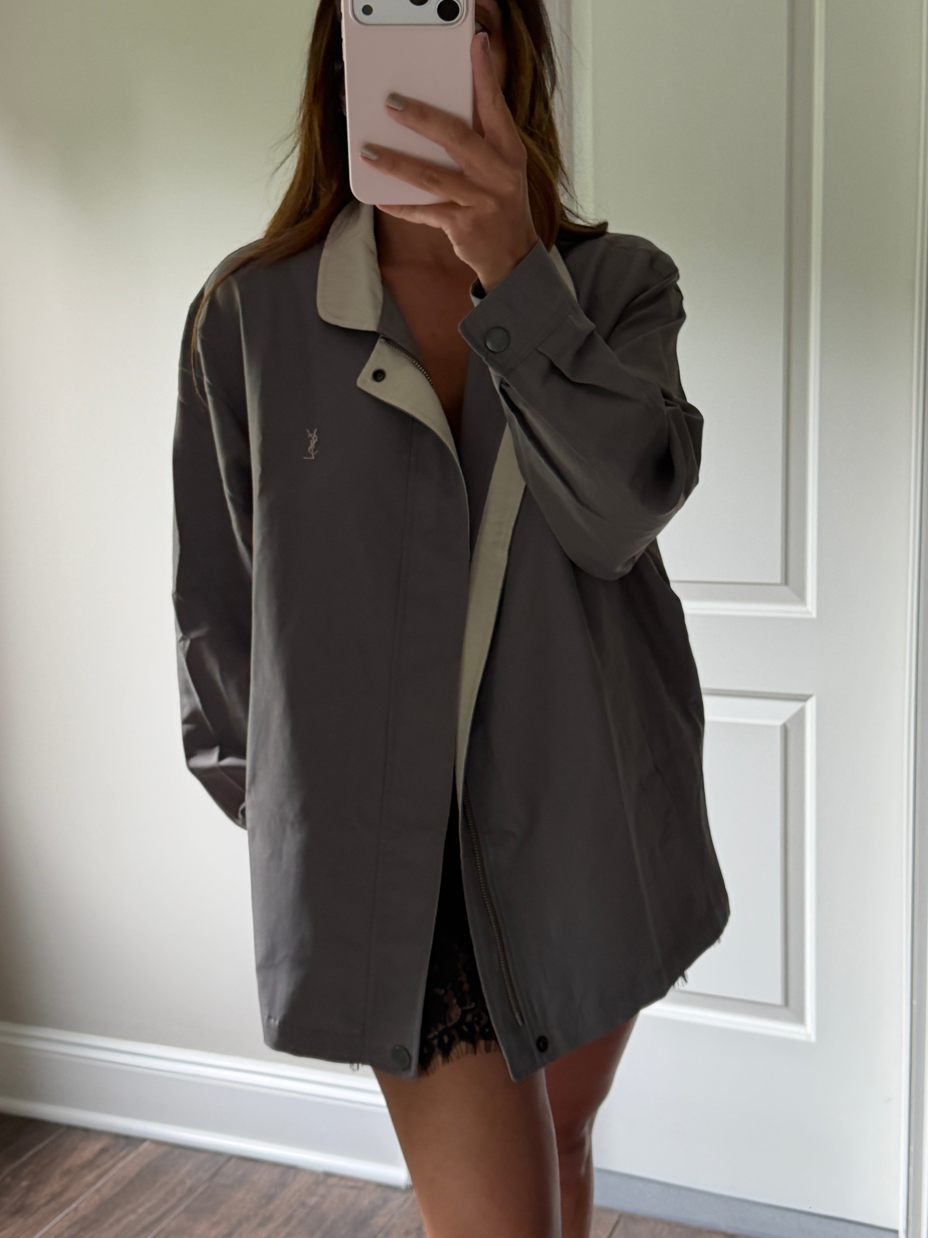 Yves Saint Laurent Vintage 90s Dark Khaki Green YSL Logo Windbreaker Jacket Ivory Collar Size 95 Oversized