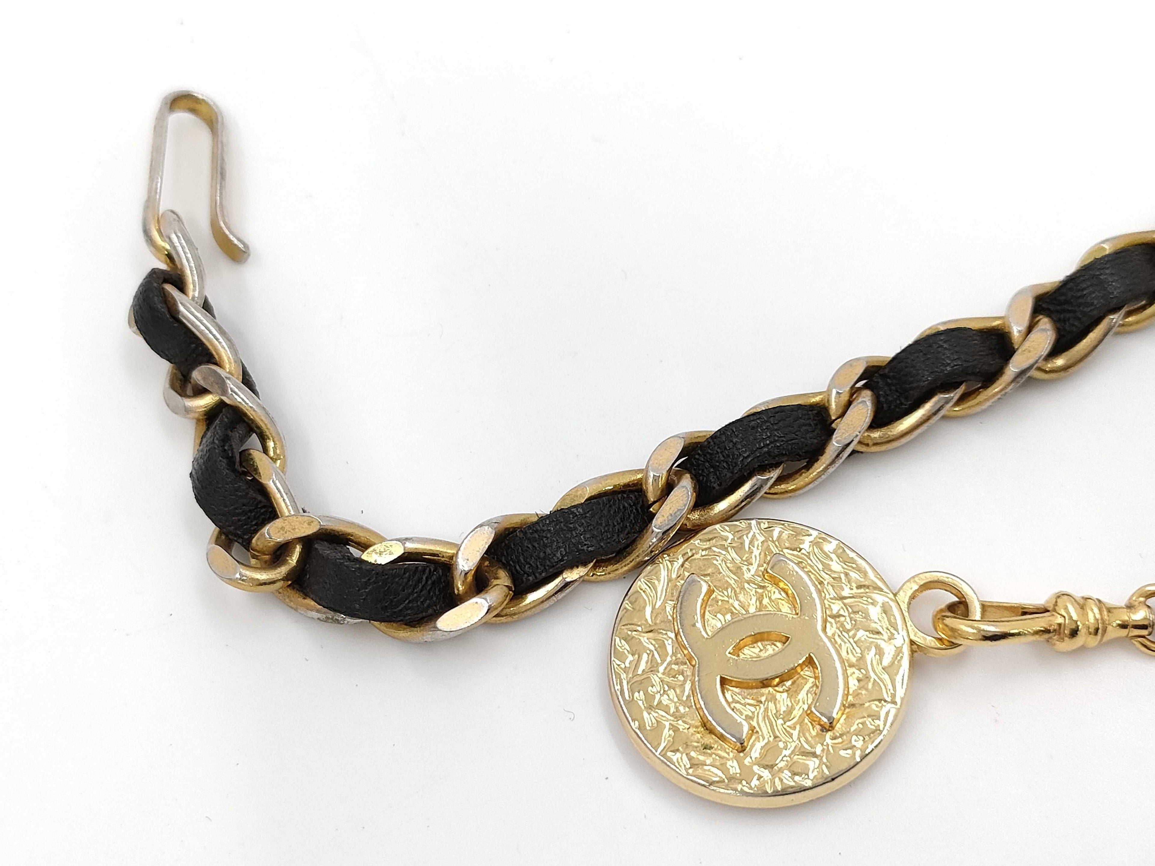 Chanel Leather Woven Chain Strap Necklace Belt Gold Tone Black Leather Medallion Charm