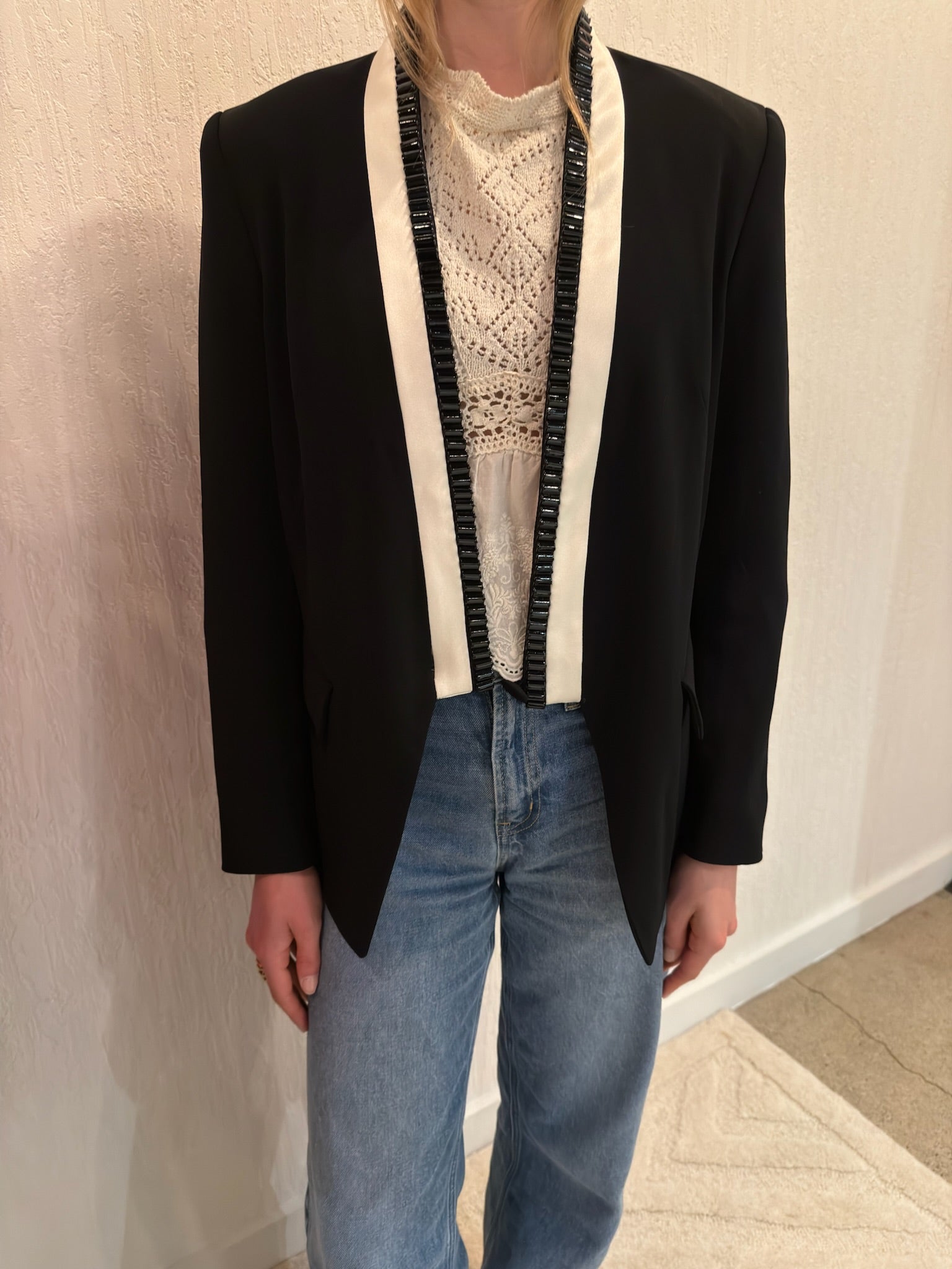 Escada Black & White Beaded Tuxedo Blazer Jacket DE 36