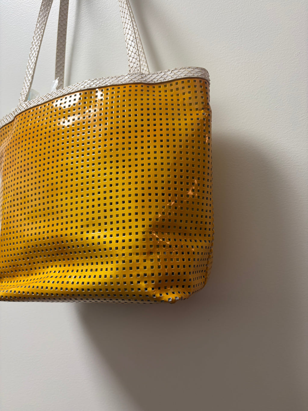 Fendi Yellow Perforated Metallic Leather Mini Tote Bag White Trim FF Logo