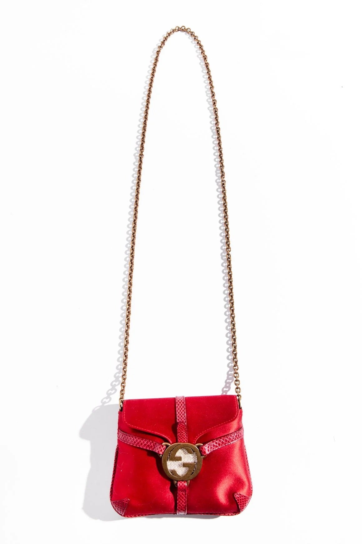 Gucci F/W 2003 Tom Ford Red Silk Satin GG Crystal Reins Thong Mini Crossbody Bag