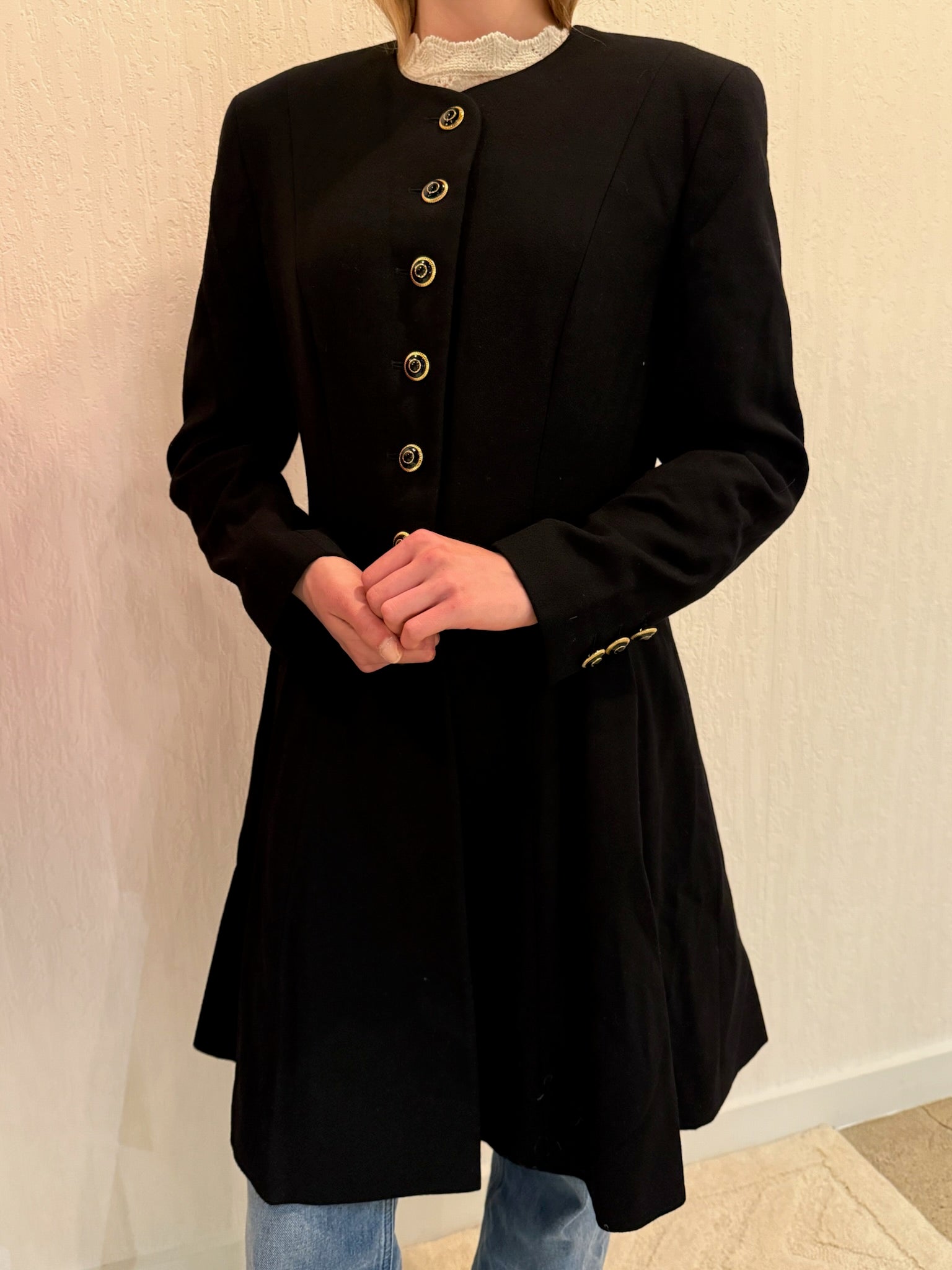 Escada by Margaretha Ley Black Wool Coat Jacket Small Longline Classic