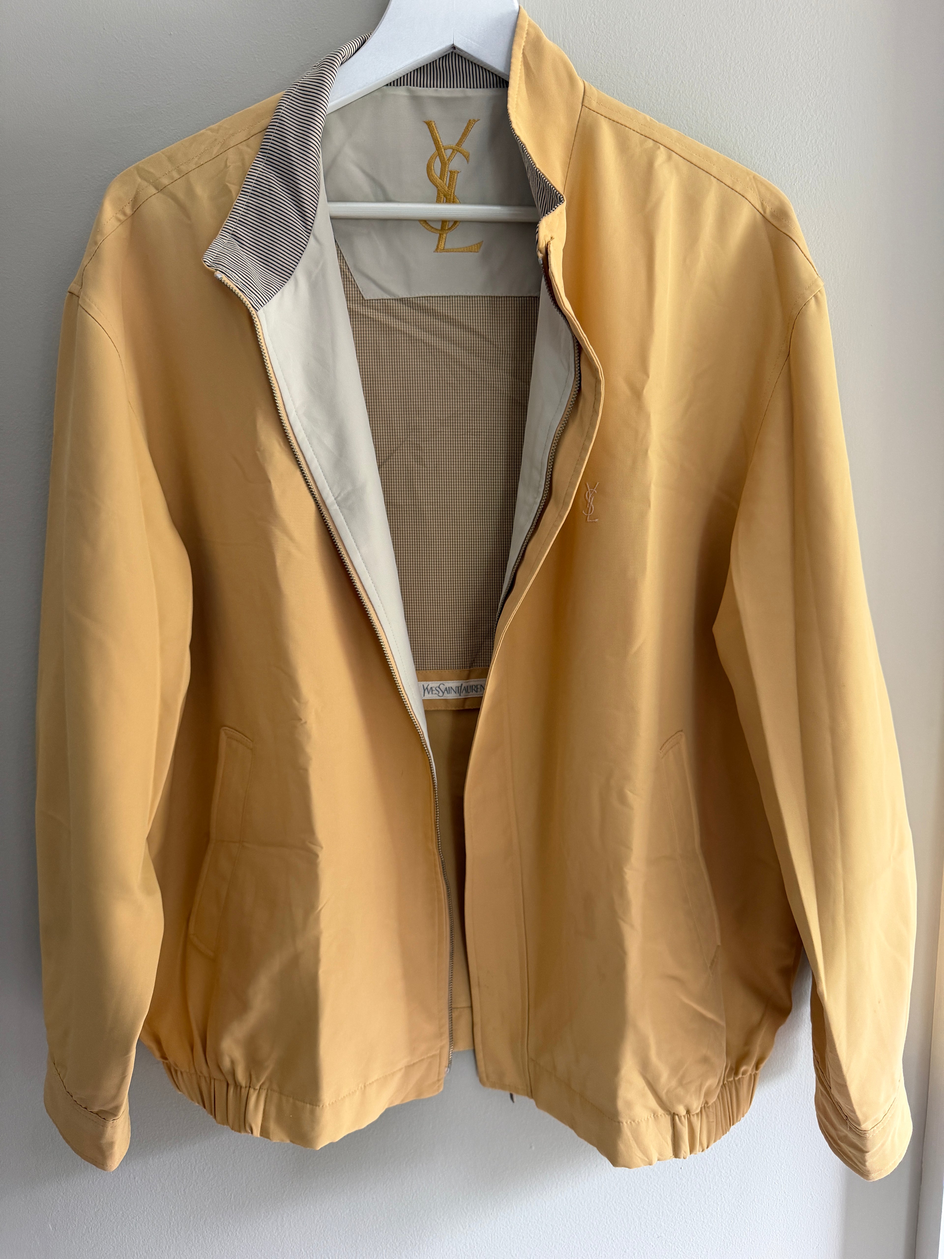 Yves Saint Laurent Vintage 90s Yellow YSL Logo Windbreaker Jacket White Logo Size 110 Oversized