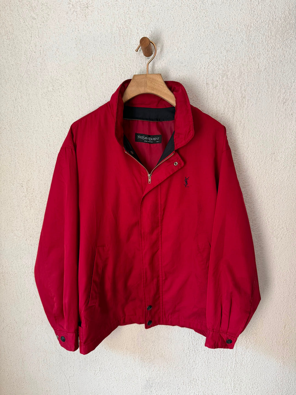 Yves Saint Laurent Vintage 90s Red YSL Logo Windbreaker Jacket Navy Logo Hidden Hood Size 100 Oversized