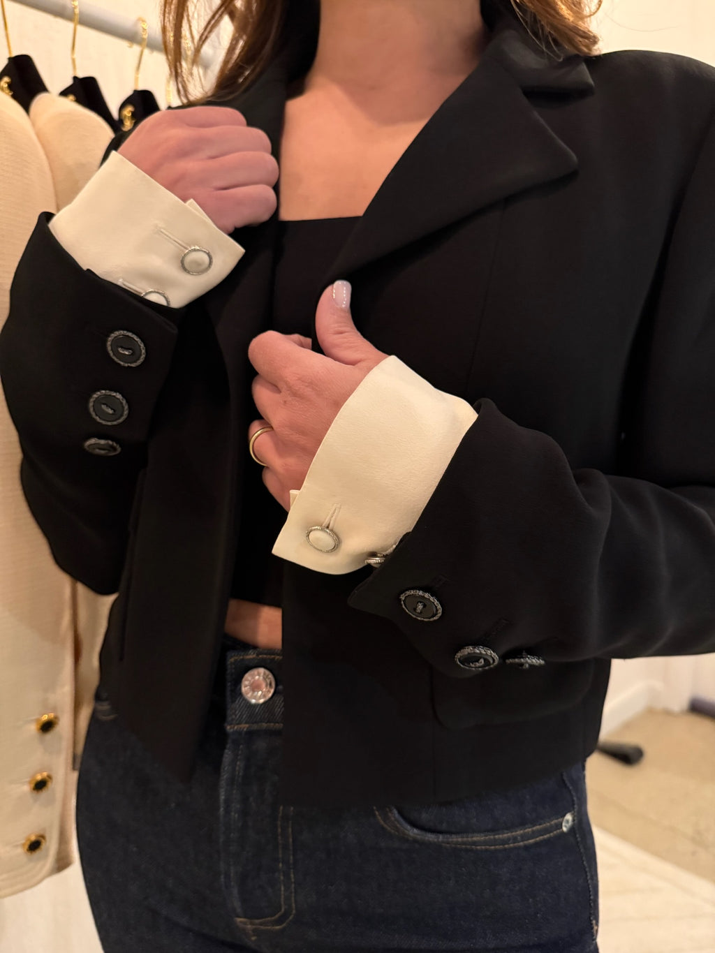 Chanel 2015 Silk Black Runway Blazer with Removable White Sleeves | FR40