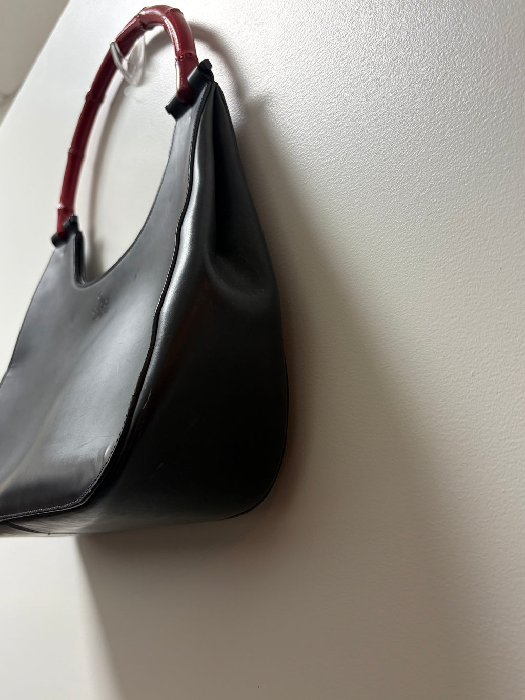 Gucci Bamboo Handle Shoulder Bag Black Leather & Red Bamboo