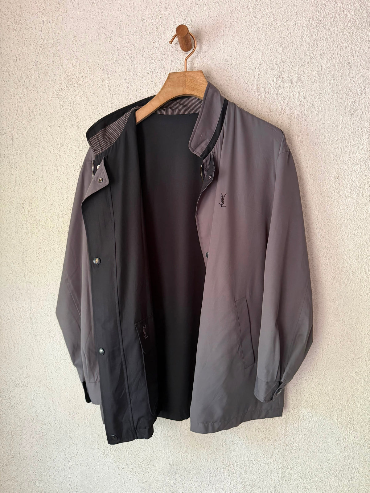 Yves Saint Laurent YSL Vintage Reversible Gray Black Bomber Windbreaker Jacket