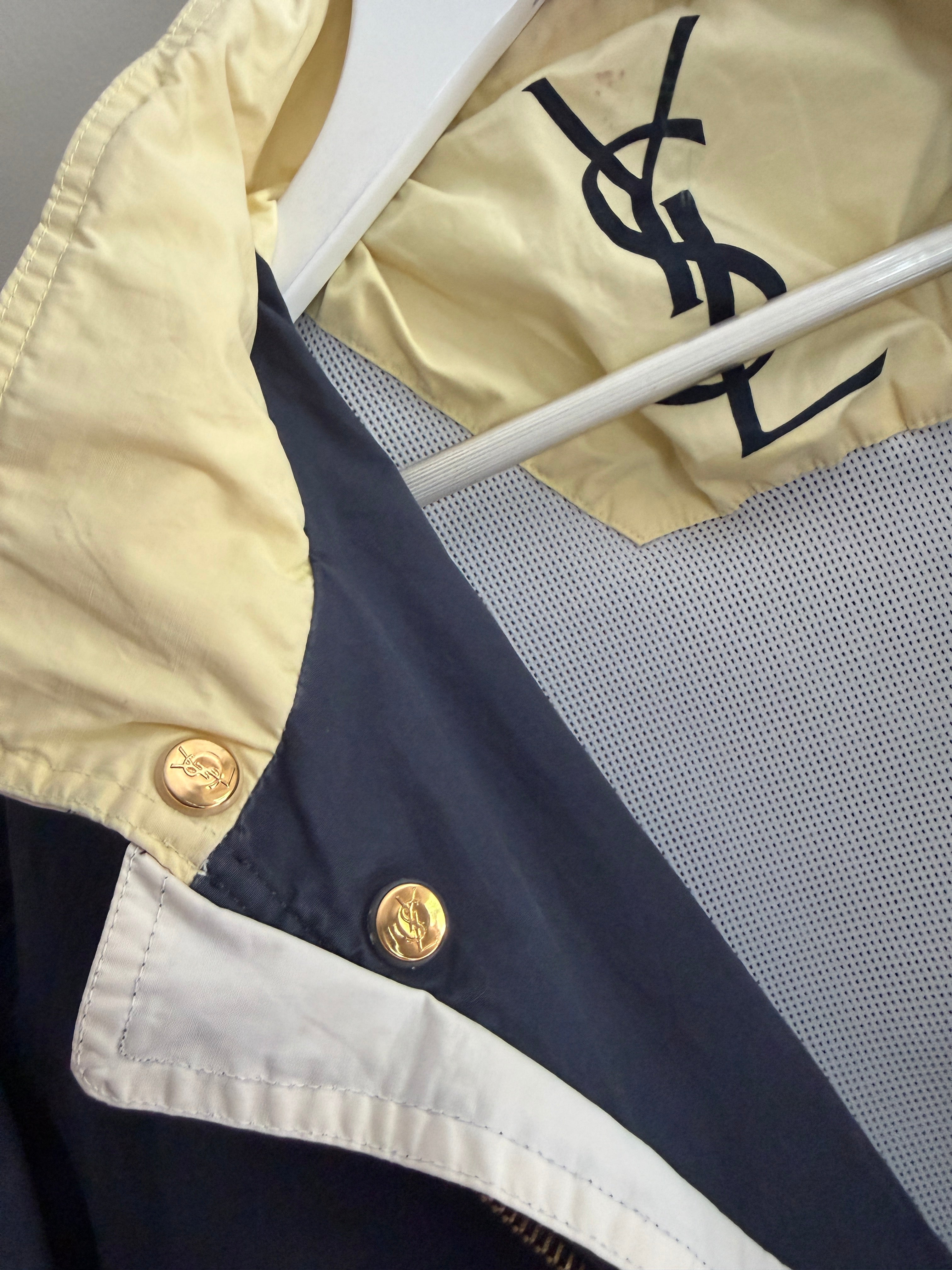 Yves Saint Laurent Vintage 90s Chino Blue YSL Logo Utility Windbreaker Jacket Gold Hardware Size 100 Oversized