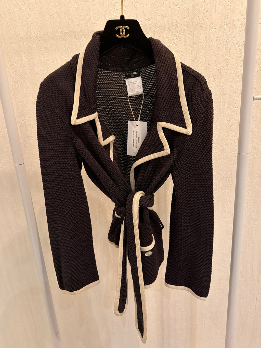 Chanel 2006 Silk Belted Jacket Black Shawl Collar FR38