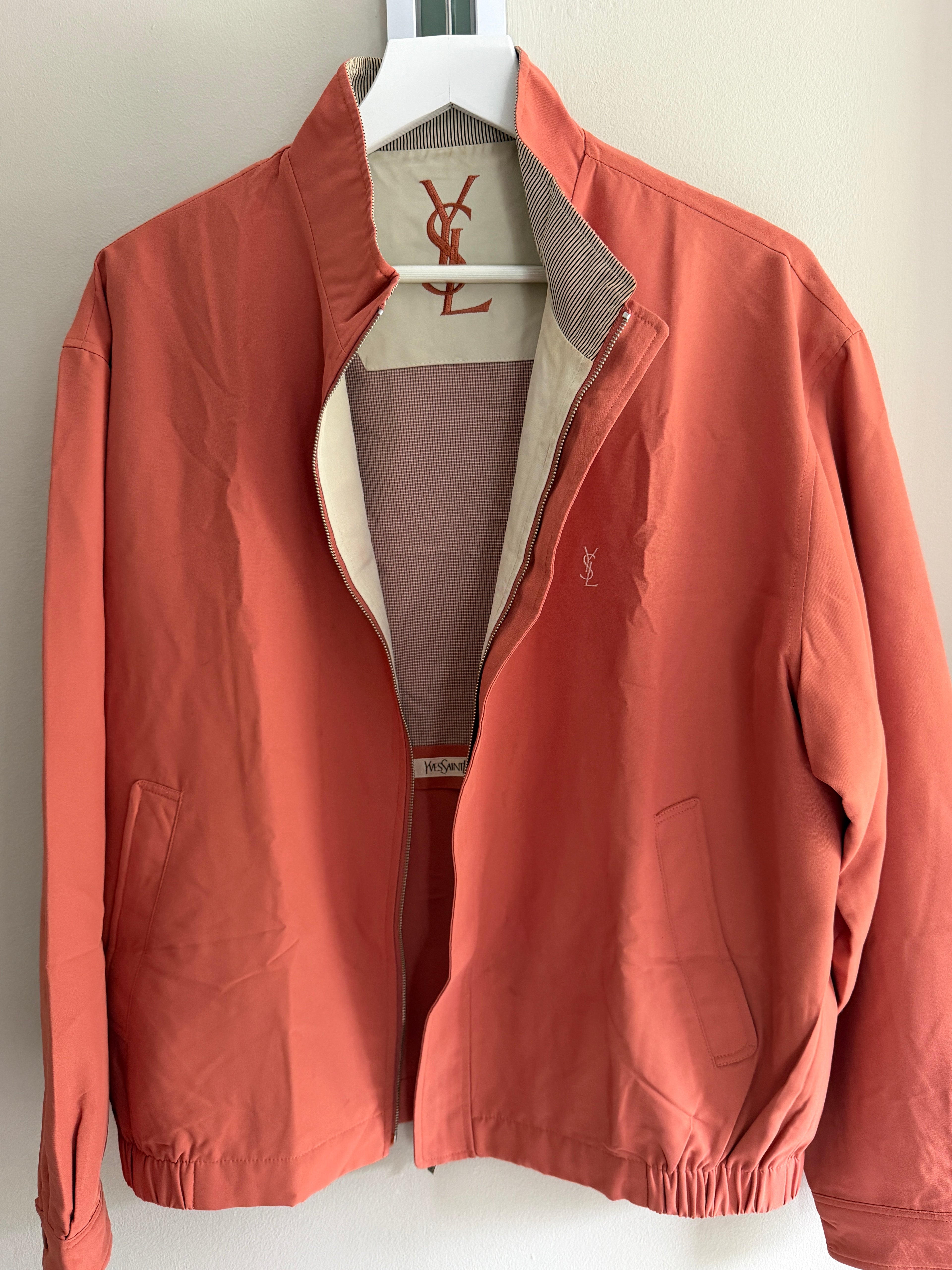 Yves Saint Laurent Vintage 90s Salmon Coral YSL Logo Windbreaker Jacket White Logo Size 105 Oversized