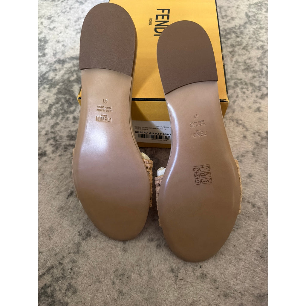 Fendi Sunshine FF Raffia Leather Slide Sandals BNIB Size 41