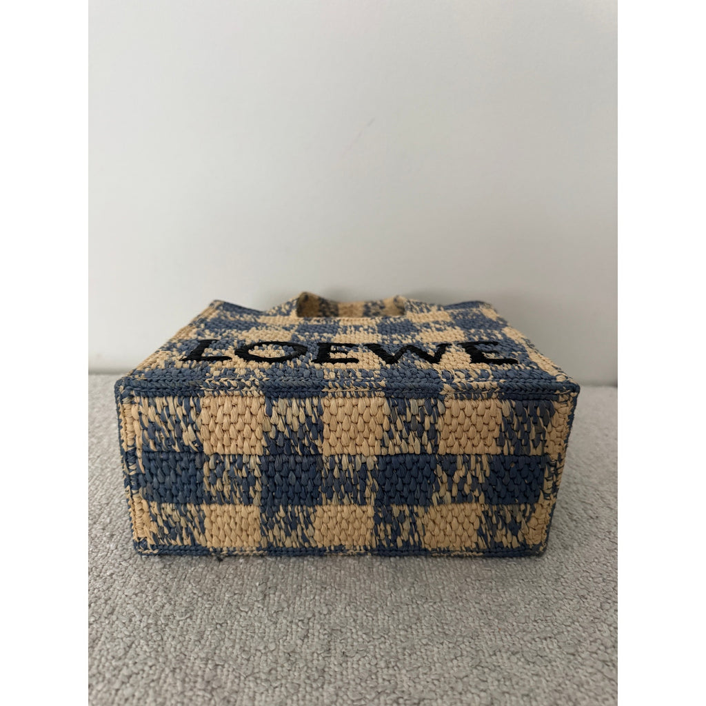 Loewe Paula’s Ibiza Raffia Blue Checked Tote NWT Embroidered Logo