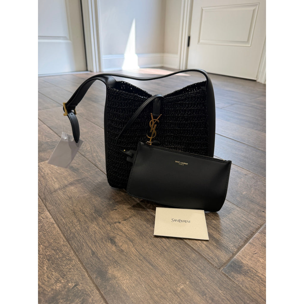 Saint Laurent Small Le 5 A 7 Hobo Crochet Leather Bag Black NWT